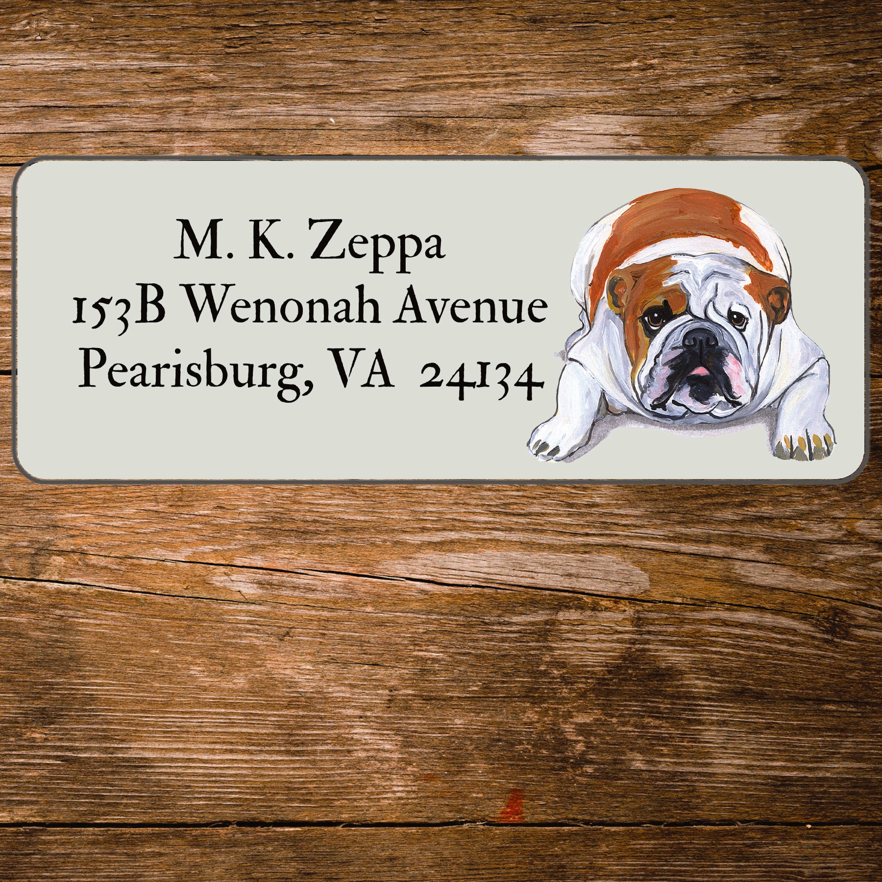 Return address label with a Bulldog illustration.