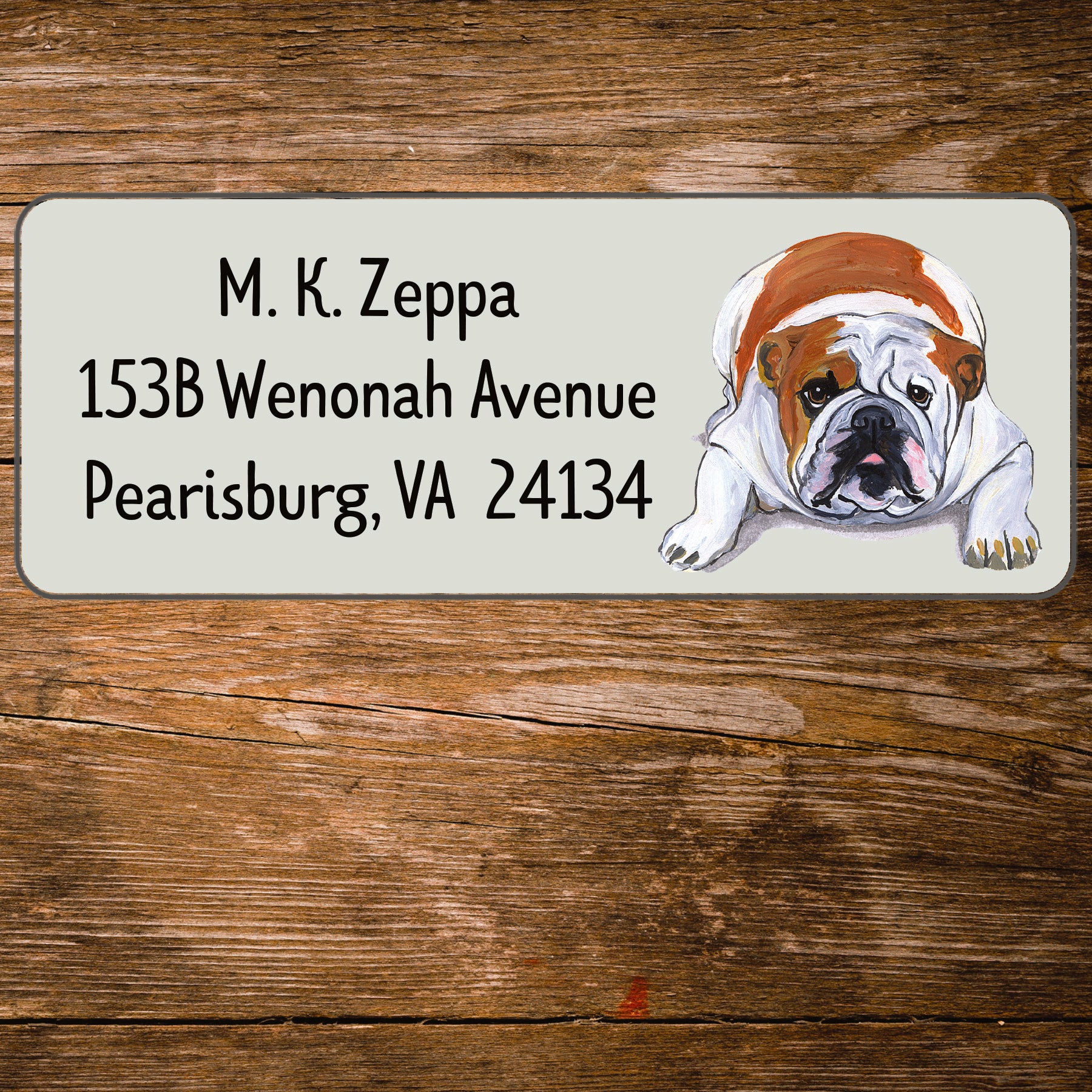 Return address label with a Bulldog illustration.