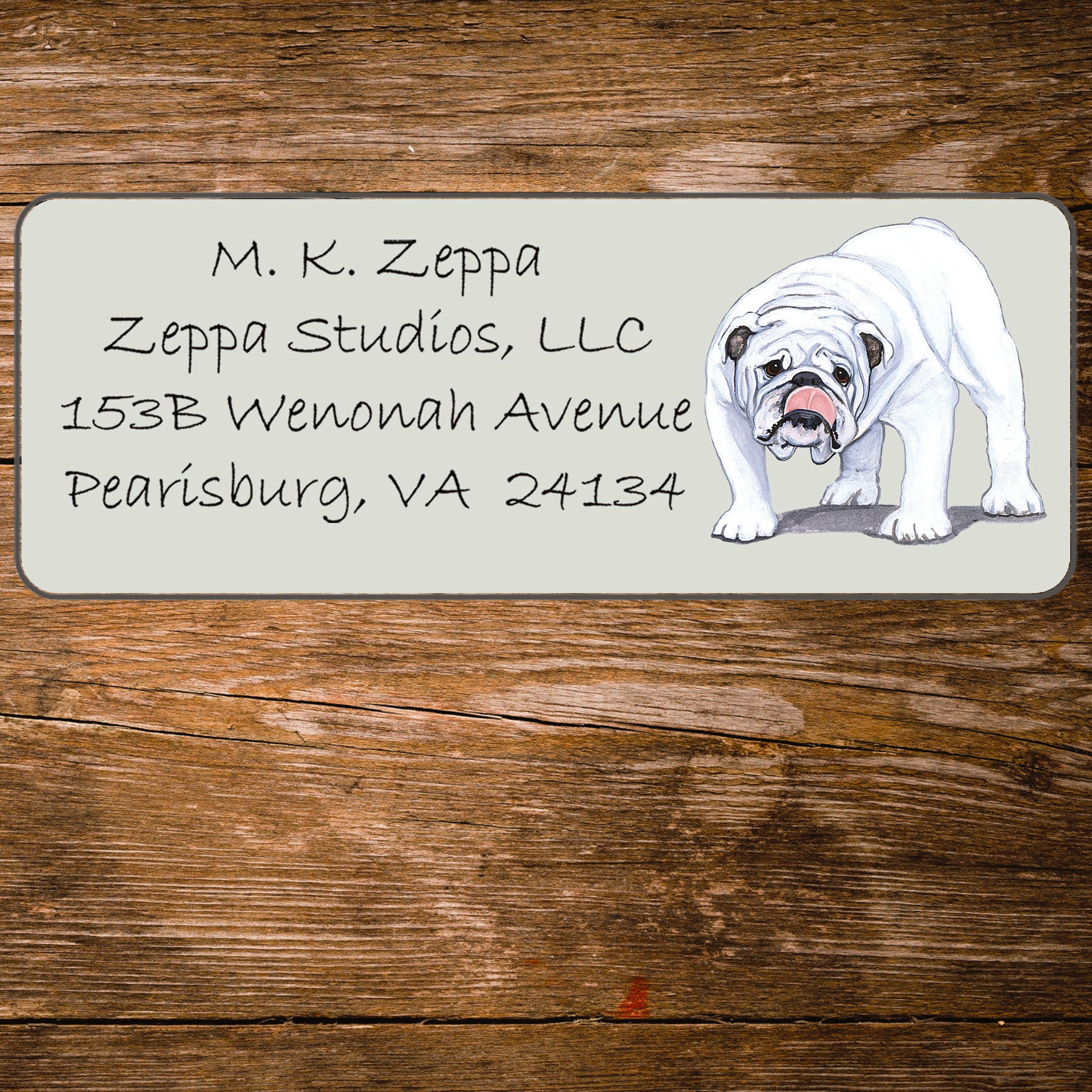 Return address label with a Bulldog illustration.