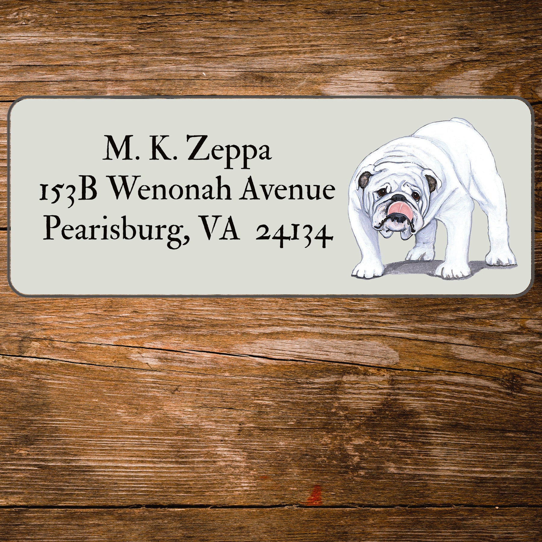 Return address label with a Bulldog illustration.