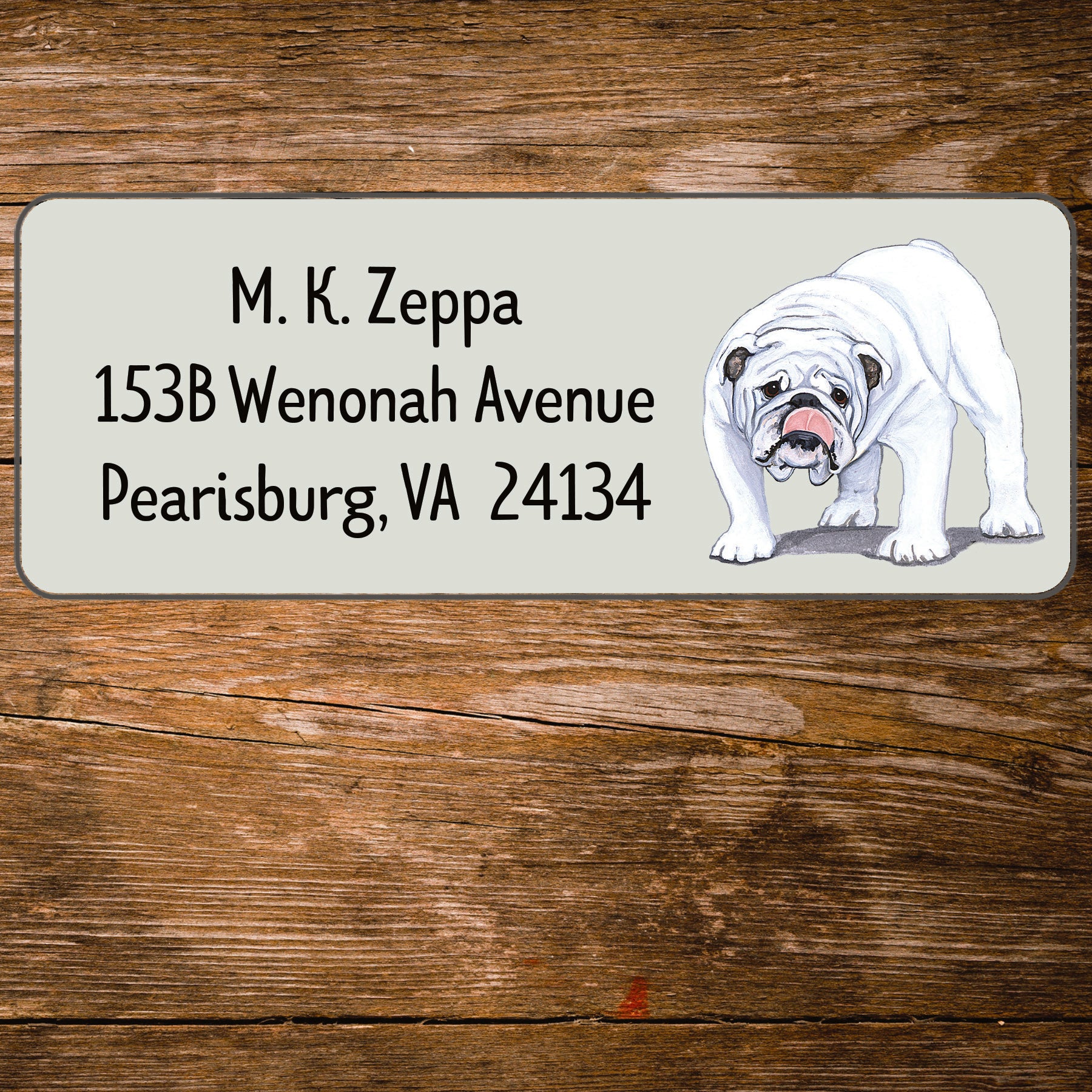 Return address label with a Bulldog illustration.