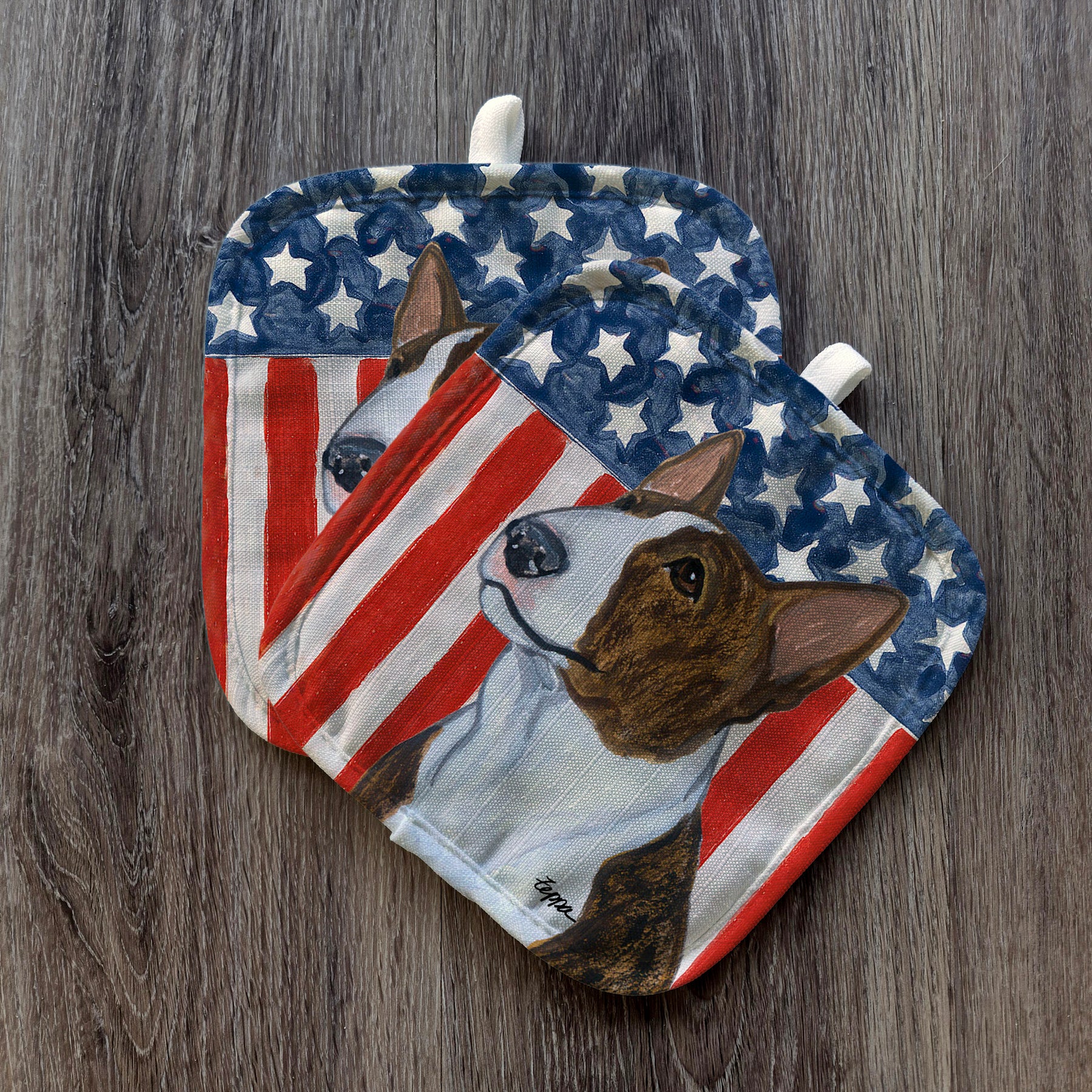 Brindle and White Bull Terrier Americana Pot Holder Set