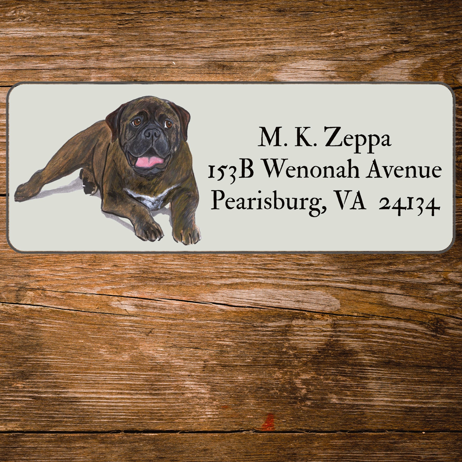 Return address label with a Bull Mastiff illustration.