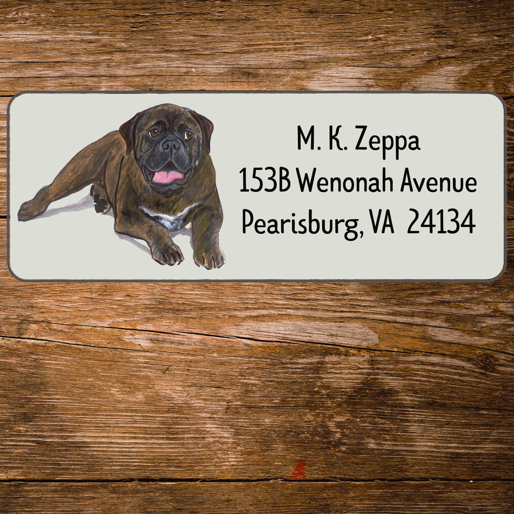 Return address label with a Bull Mastiff illustration.