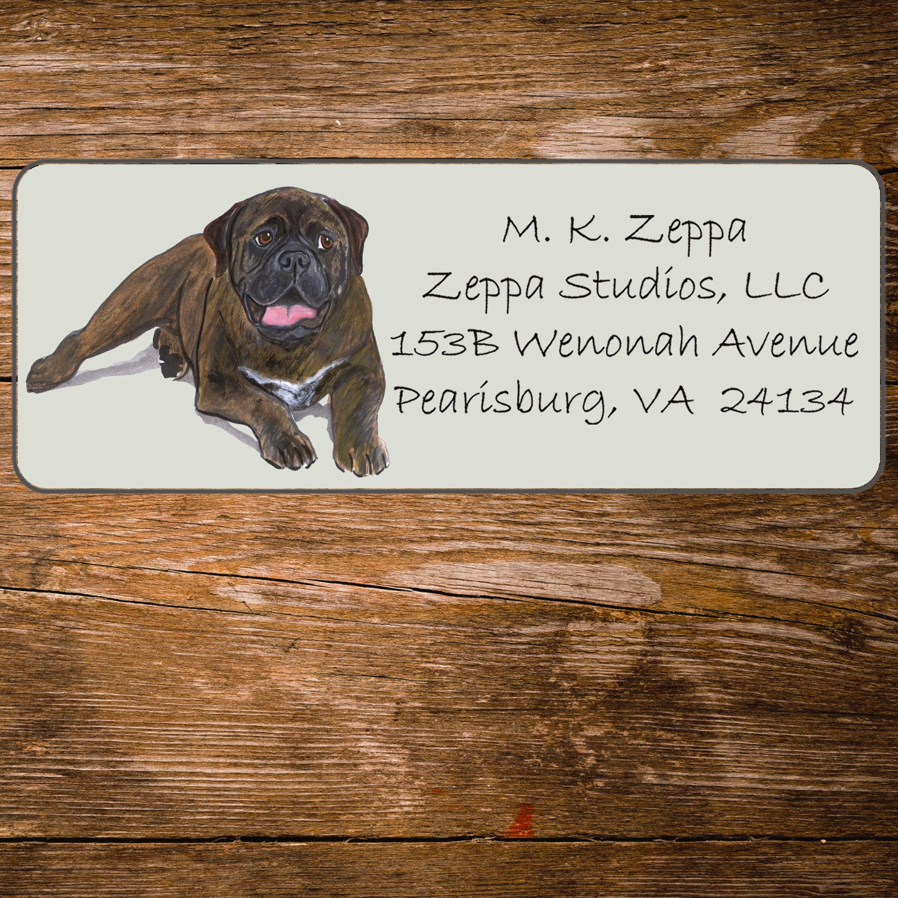 Return address label with a Bull Mastiff illustration.