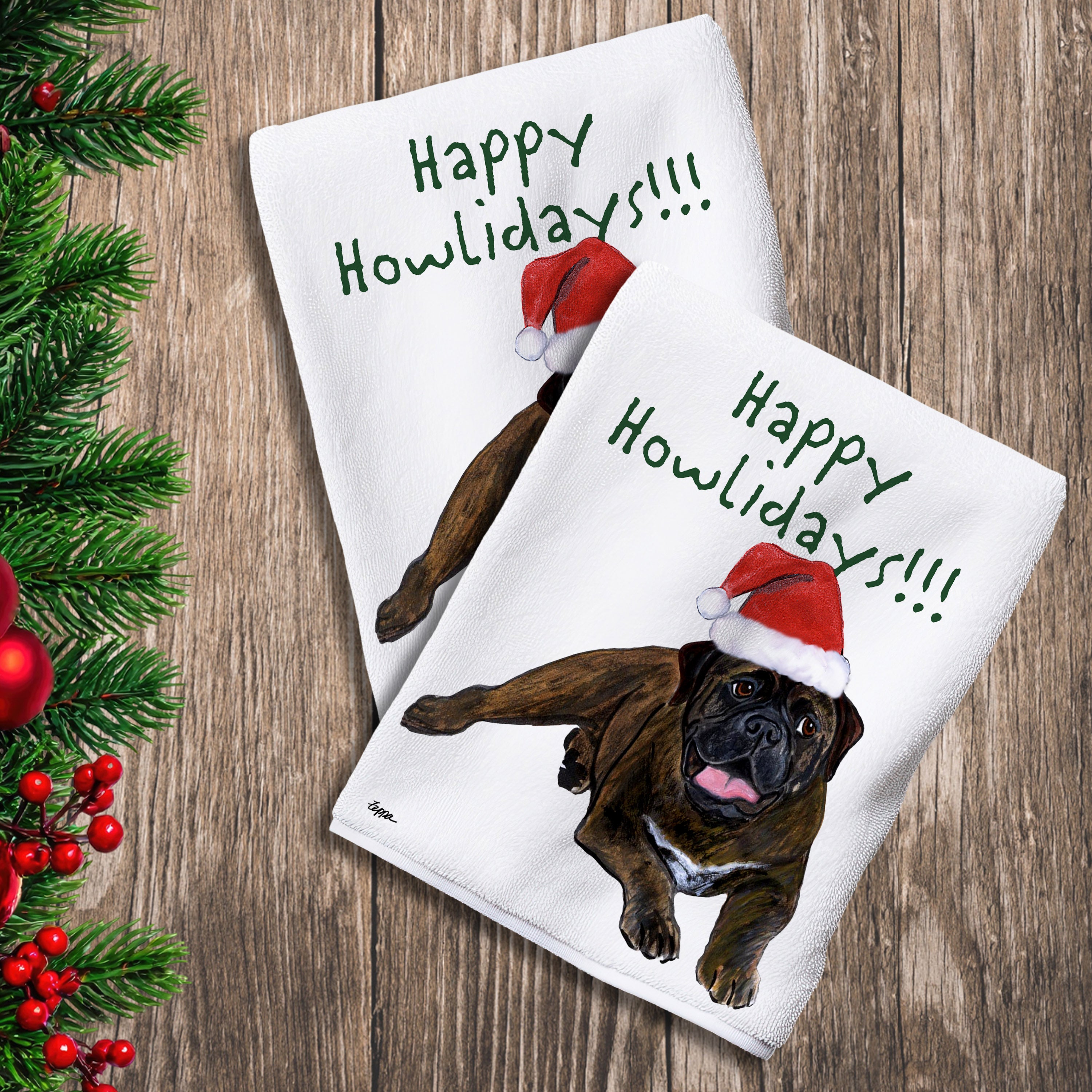 2 Kitchen Towels with a Bullmastiff in a Santa Hat and Happy Howlidays text.