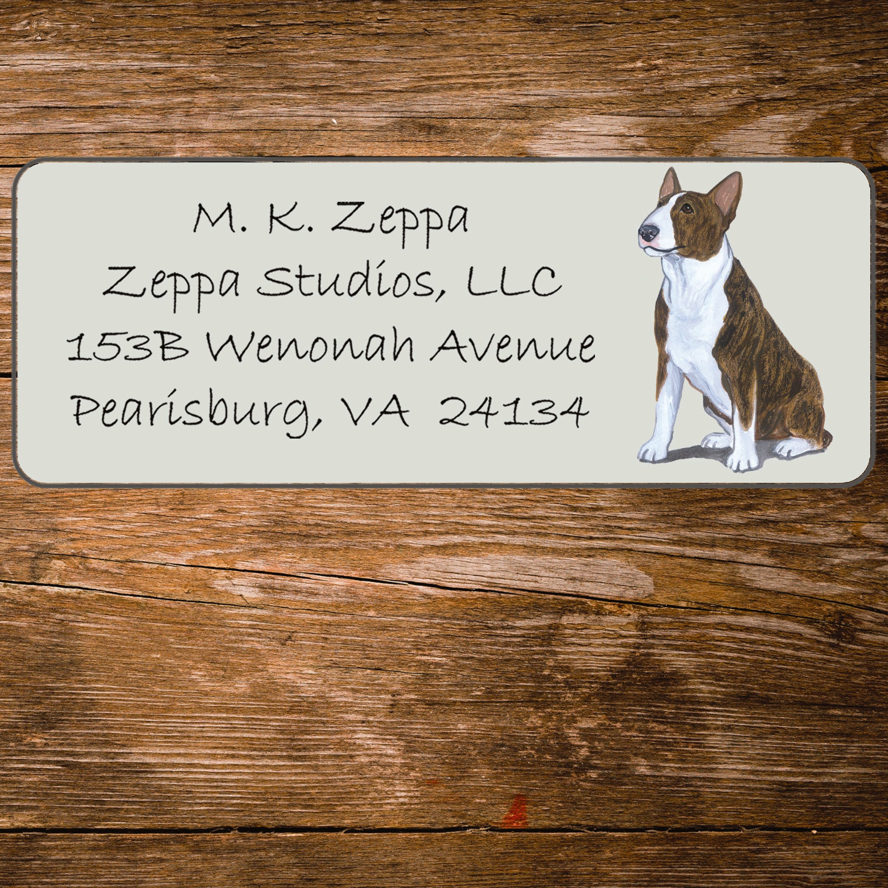 Return address label with a Bull Terrier illustration.