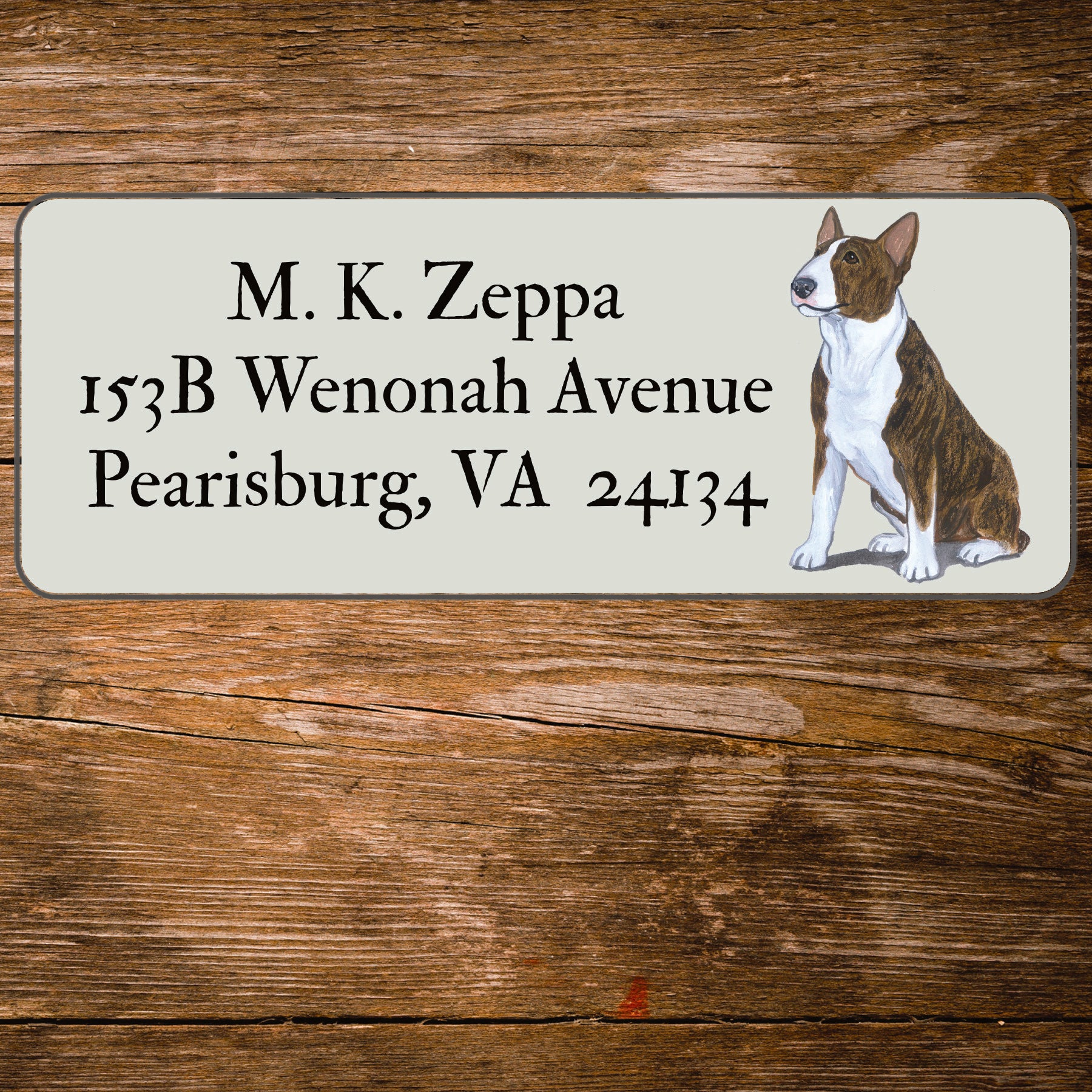 Return address label with a Bull Terrier illustration.