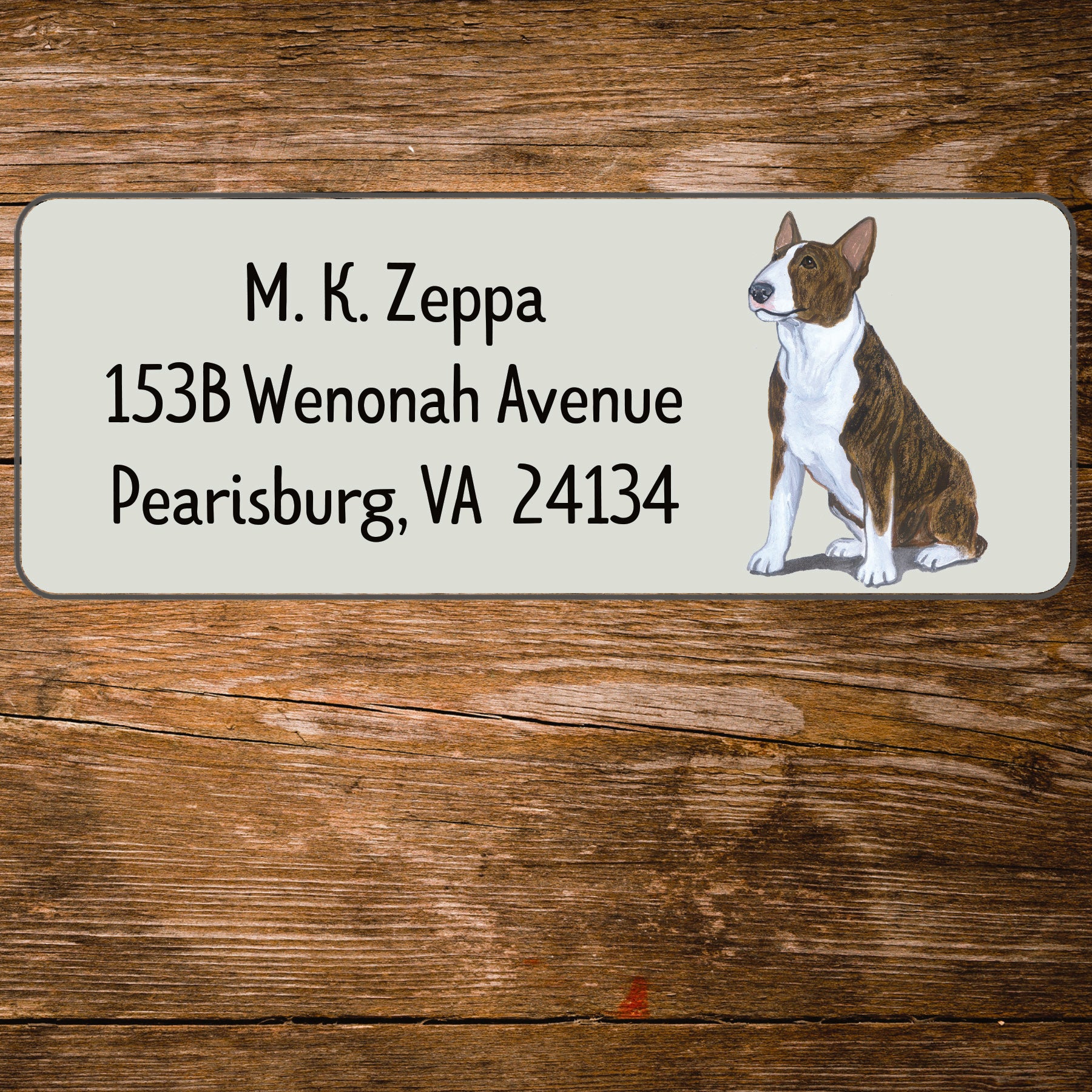 Return address label with a Bull Terrier illustration.