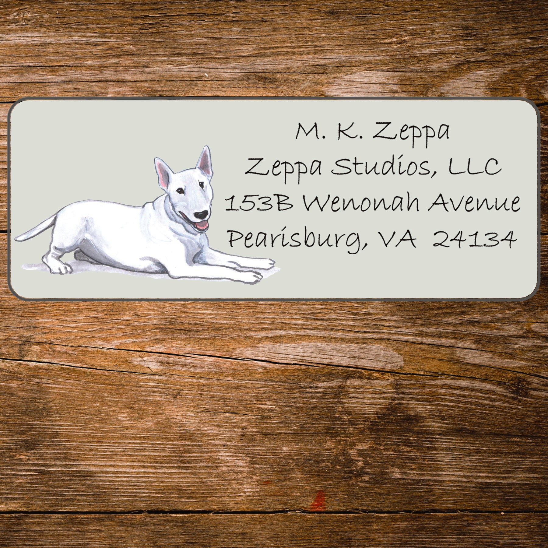 Return address label with a Bull Terrier illustration.