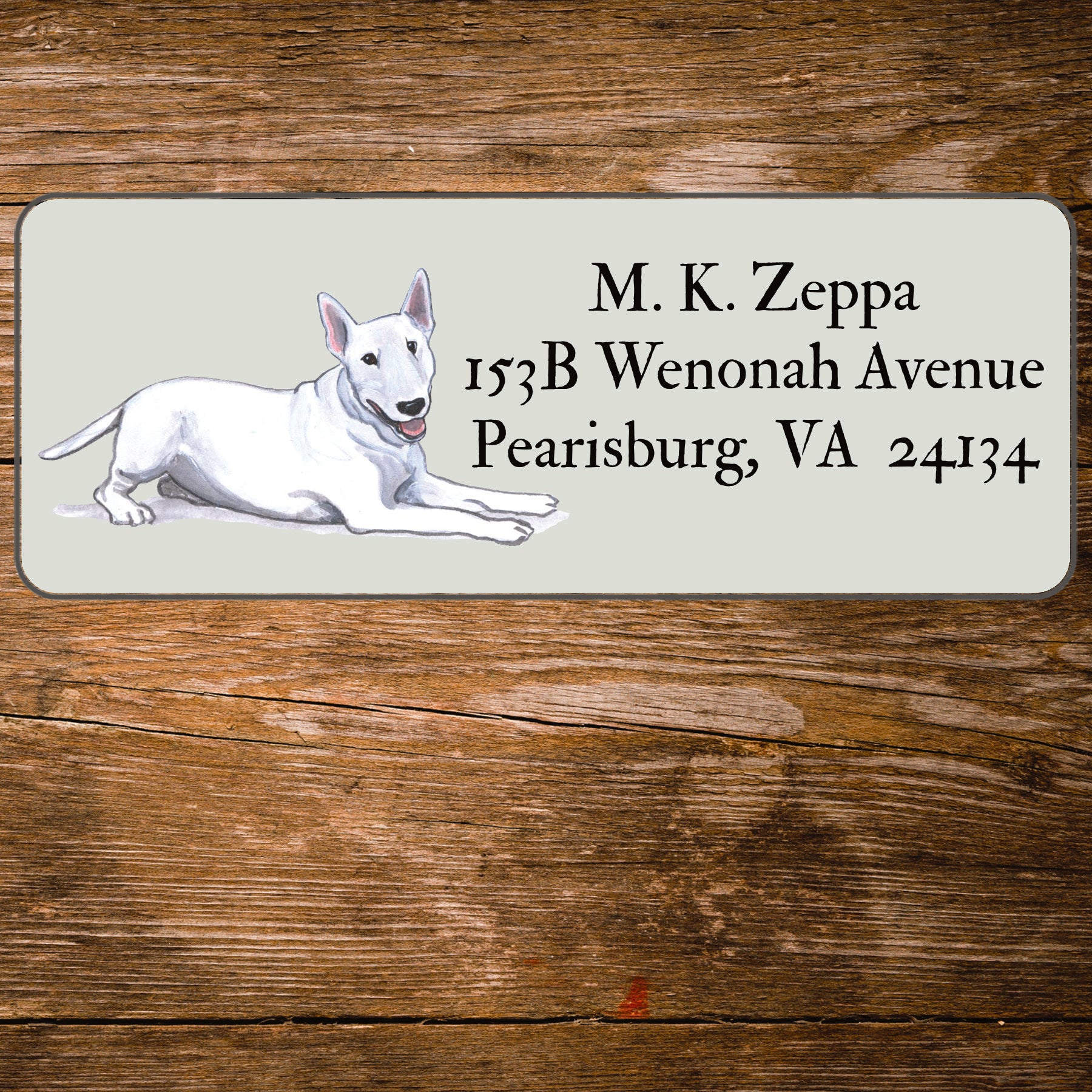 Return address label with a Bull Terrier illustration.