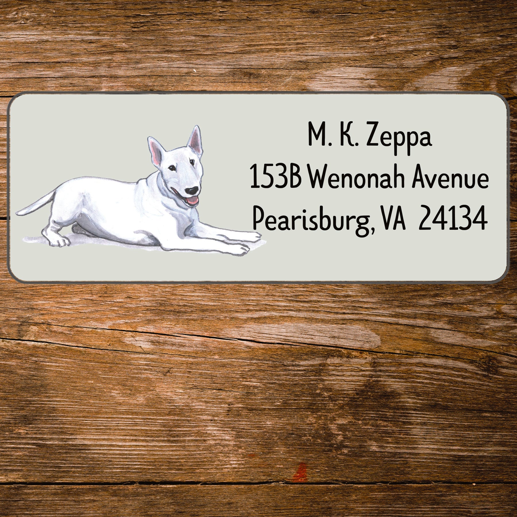 Return address label with a Bull Terrier illustration.