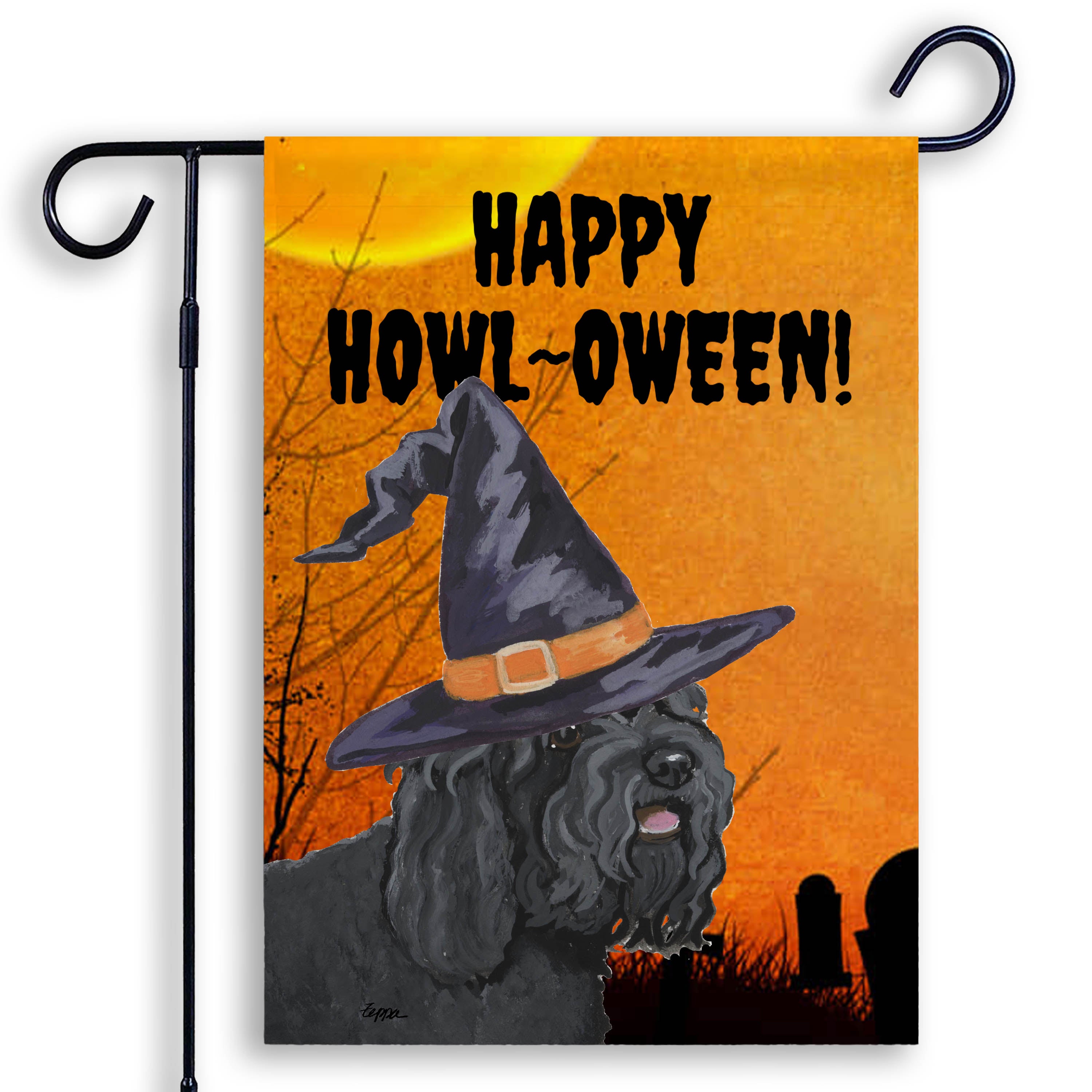 Halloween-themed garden flag with a Barbet wearing a witch hat and 'Happy Howl-Oween!' text on an orange background.