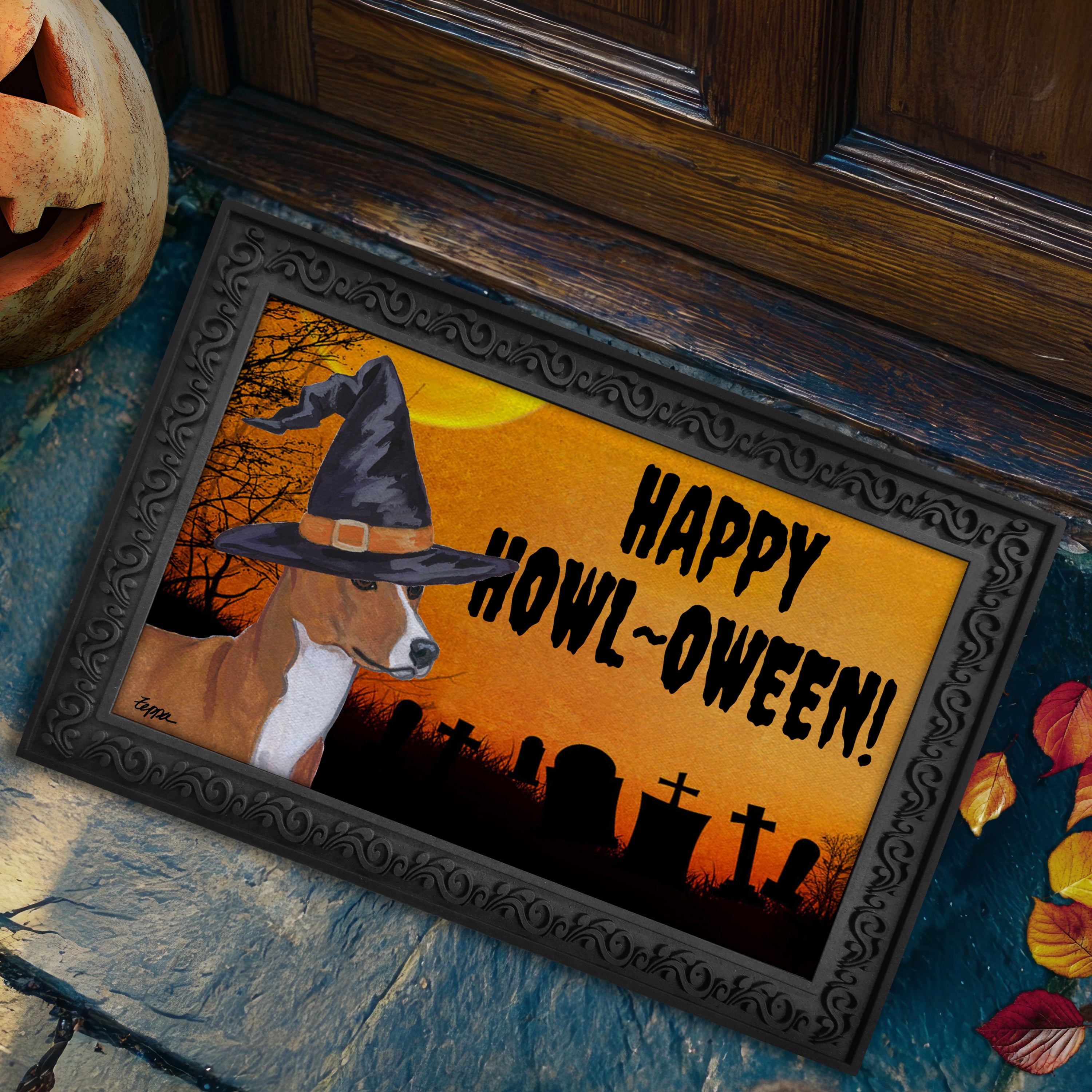 Halloween-themed doormat with a Basenji wearing a witch hat and 'Happy Howl-Oween!' text on a doorstep.