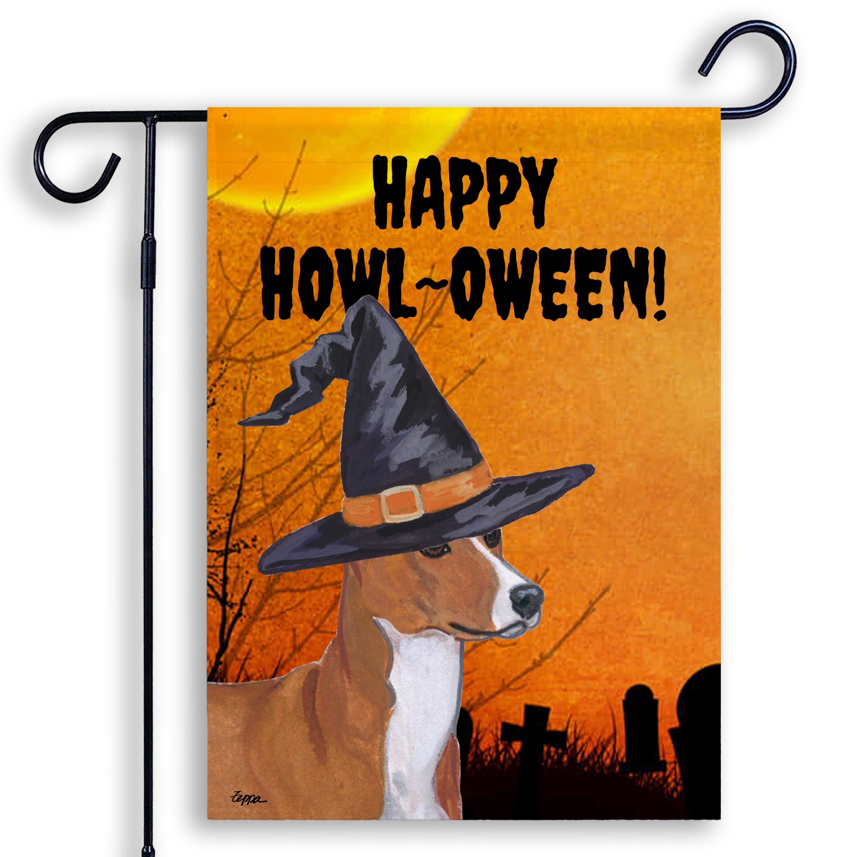 Halloween-themed garden flag with a Basenji wearing a witch hat and 'Happy Howl-Oween!' text on an orange background.