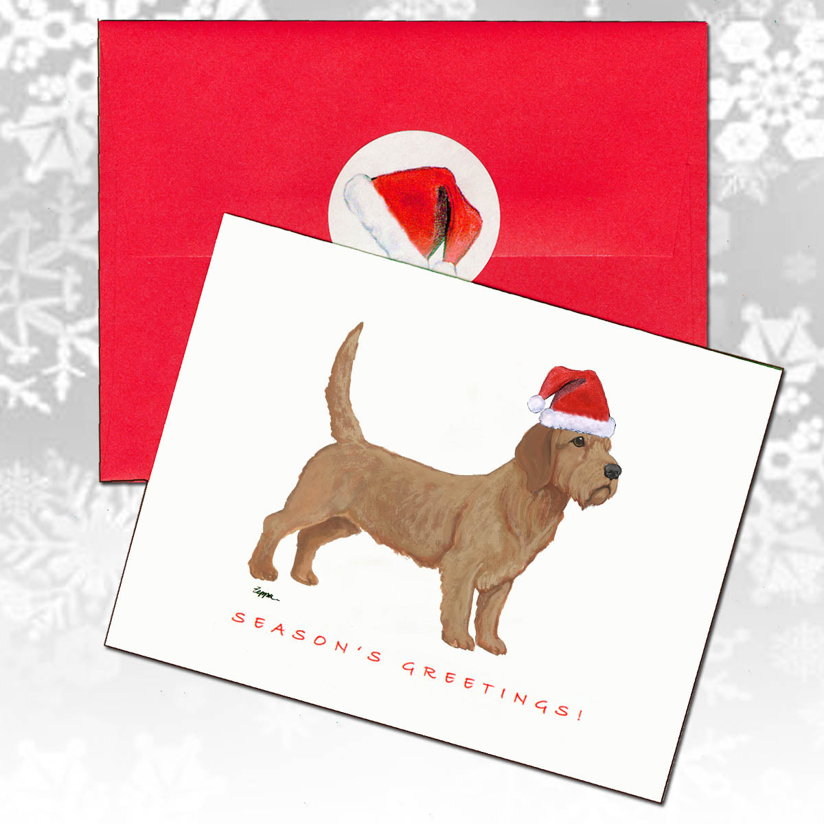 Christmas Cards with a Basset Fauve de Bretagne in a Santa hat
