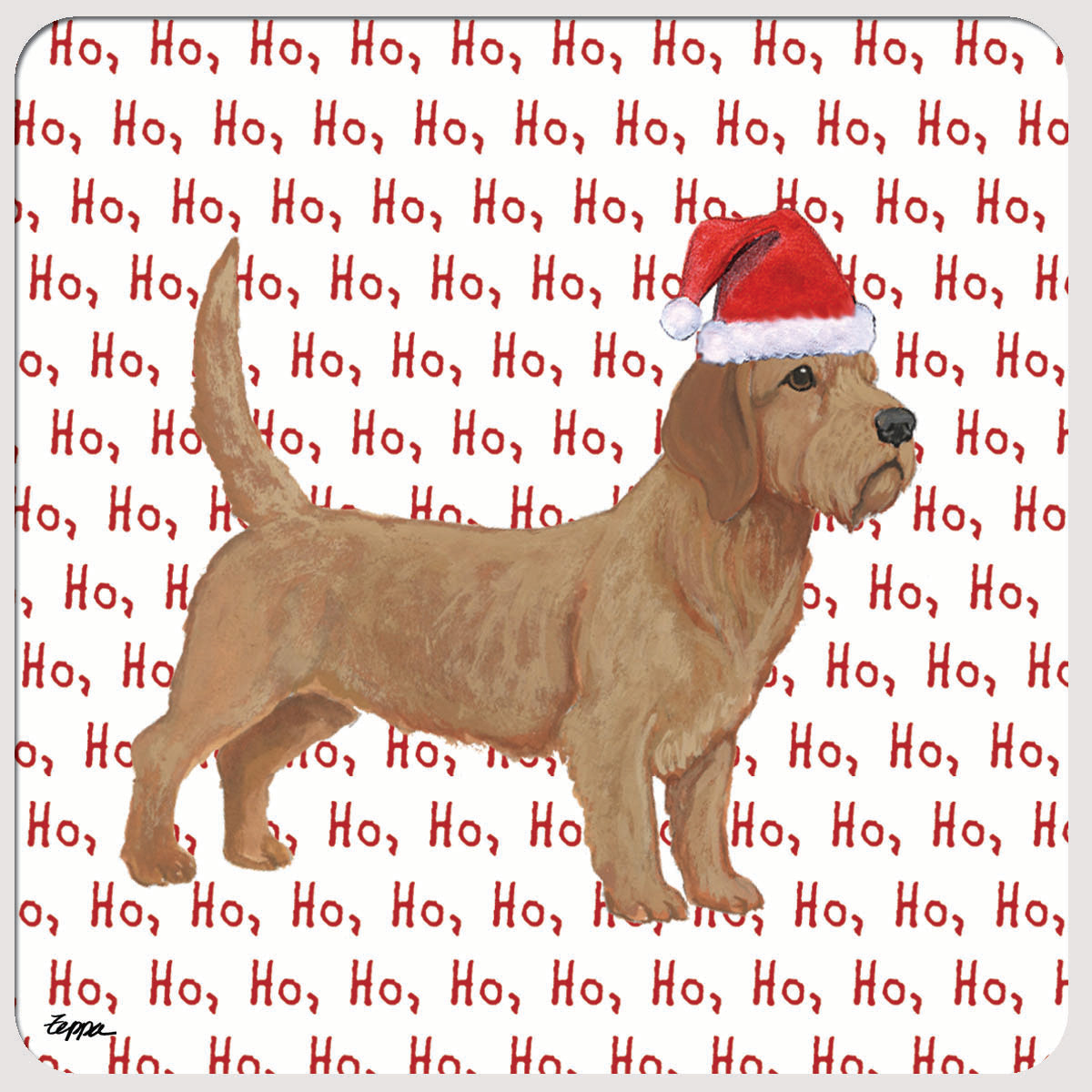 Holiday coasters with a Basset Fauve de Bretagne in a Santa hat on a ho ho ho background