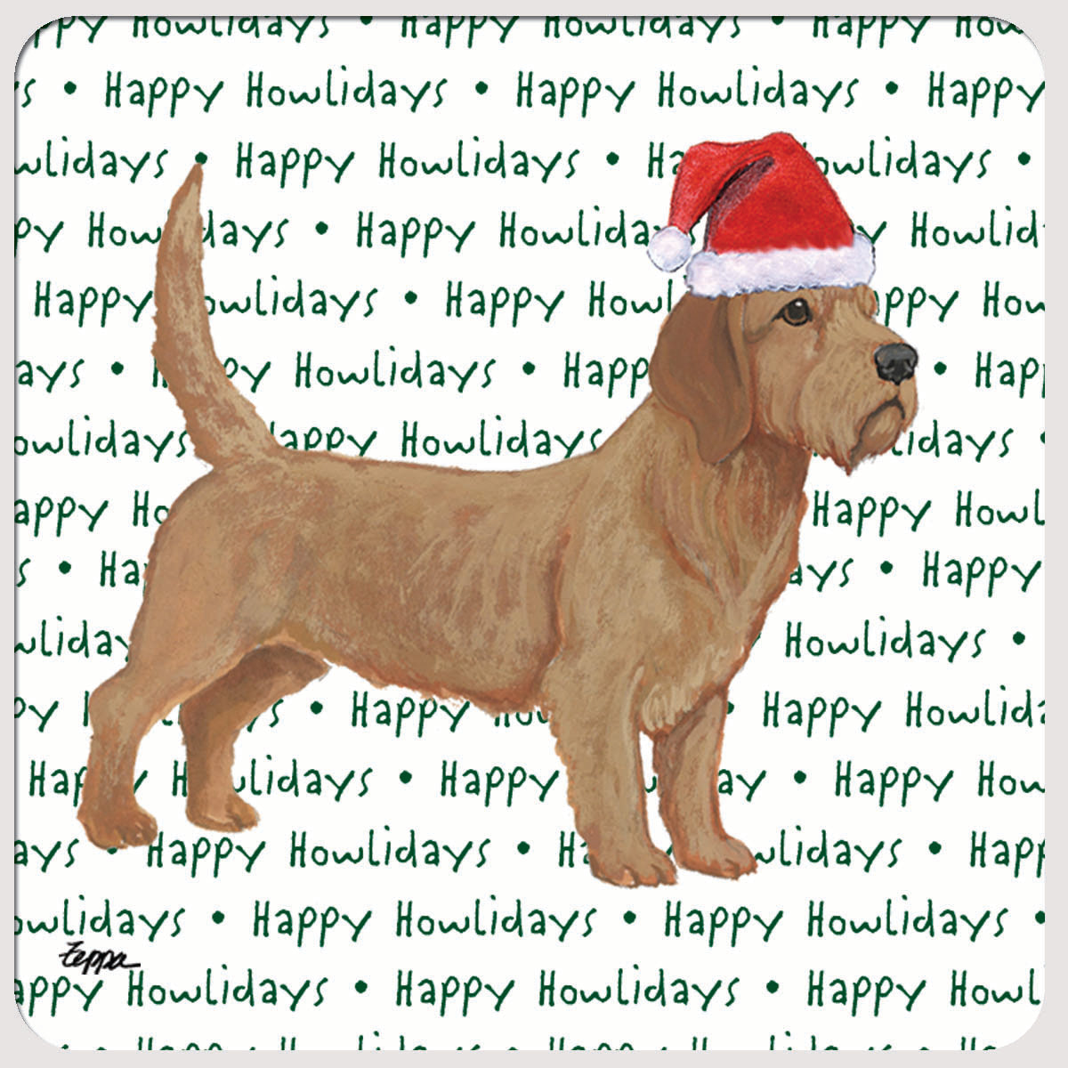 Holiday coasters with a Basset Fauve de Bretagne in a Santa hat on a happy howlidays background