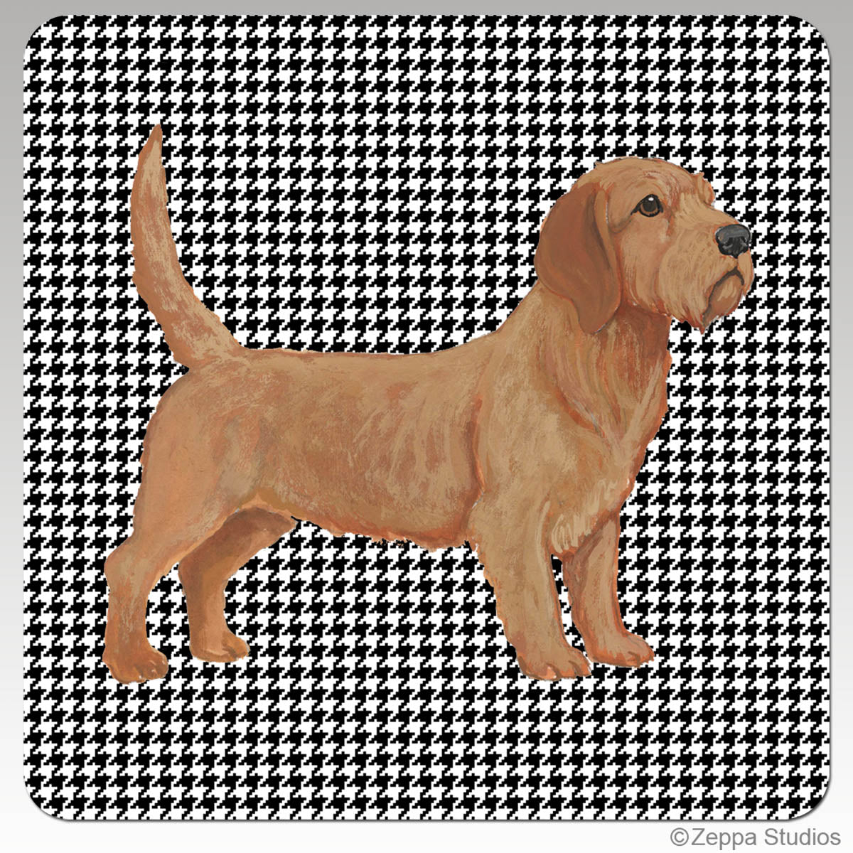 Houndstooth background rubber coasters with a Basset Fauve de Bretagne design.
