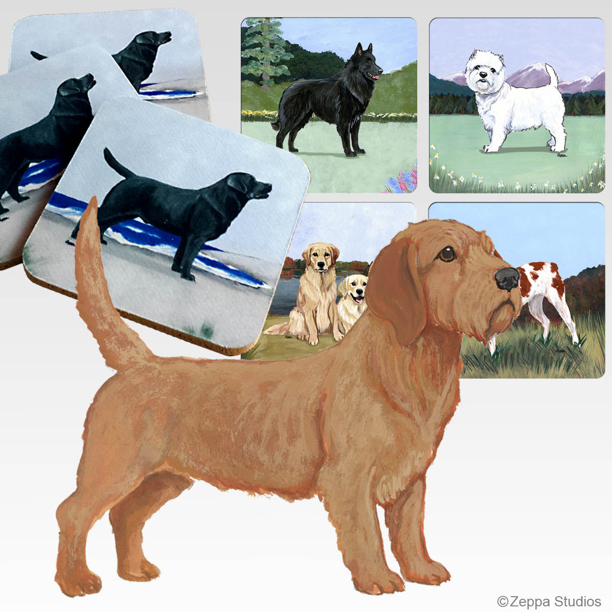 Rubber beverage coasters with a Basset Fauve de Bretagne on your choice of 5 scenic backgrounds