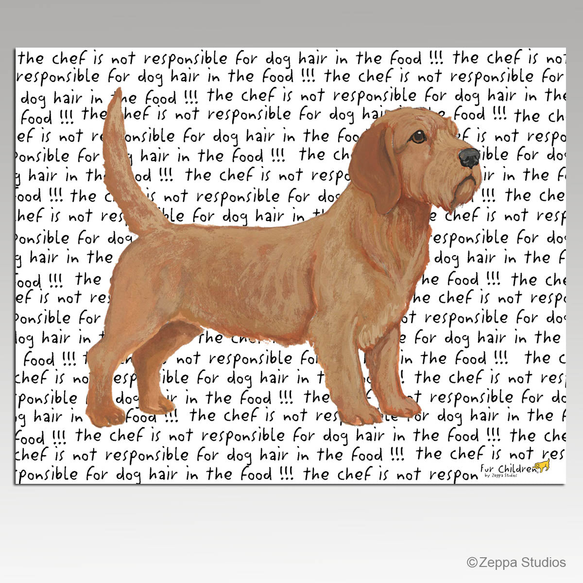 Tempered glass cutting board with a Basset Fauve de Bretagne on a "chef is not responsible for dog hair in the food" text  background