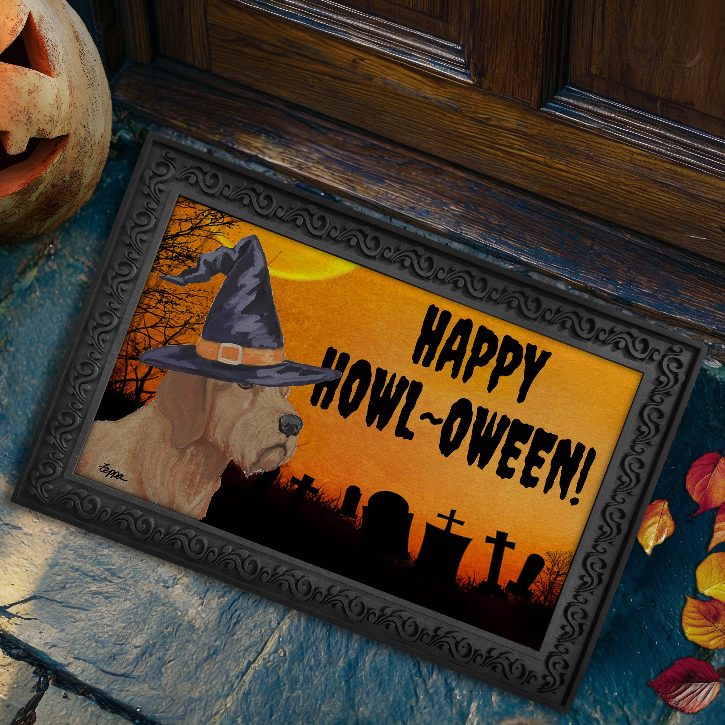 Halloween doormat with a Basset Fauve de Bretagne in a witch's hat on a spooky background