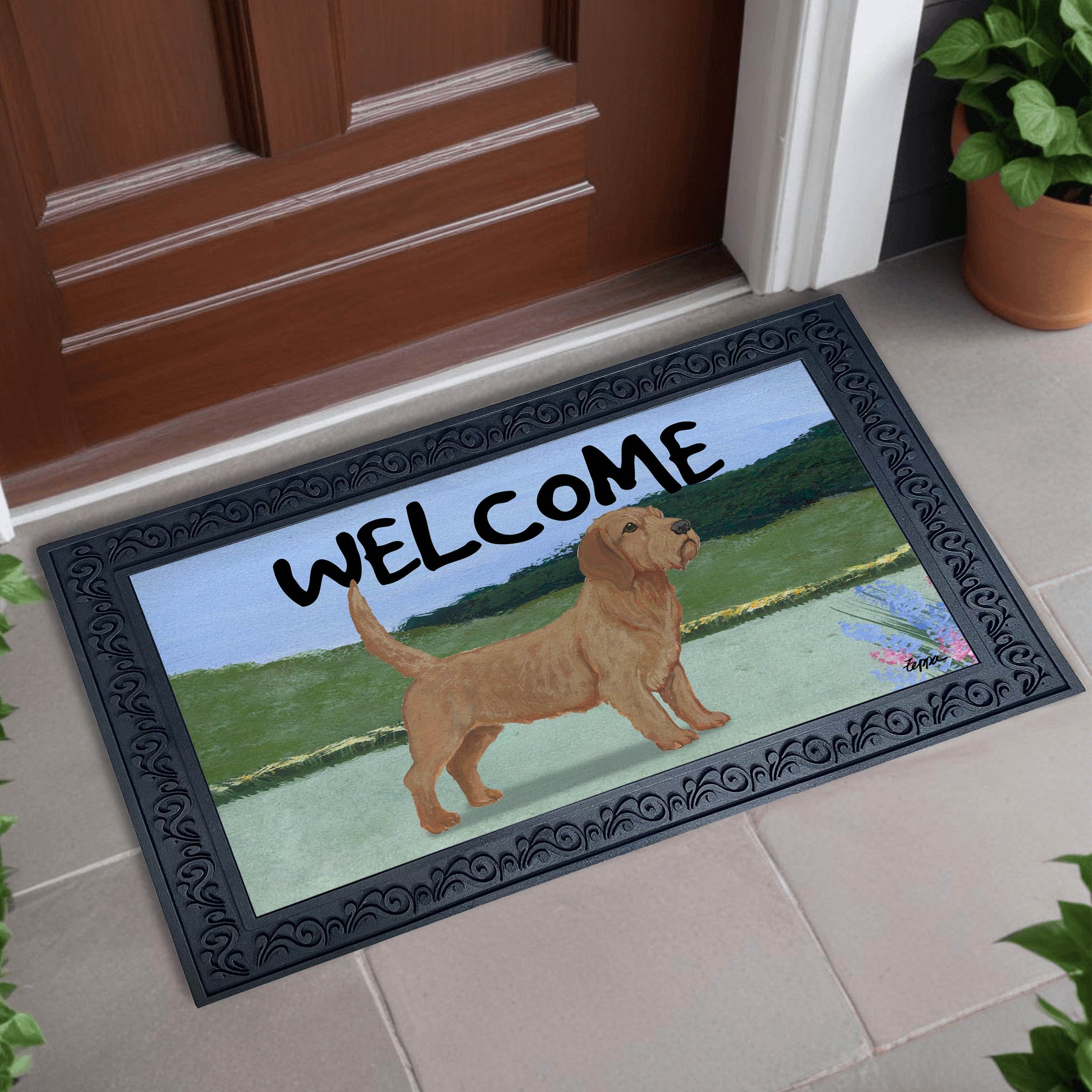Scenic Welcome doormat with a Basset Fauve de Bretagne on a yard background