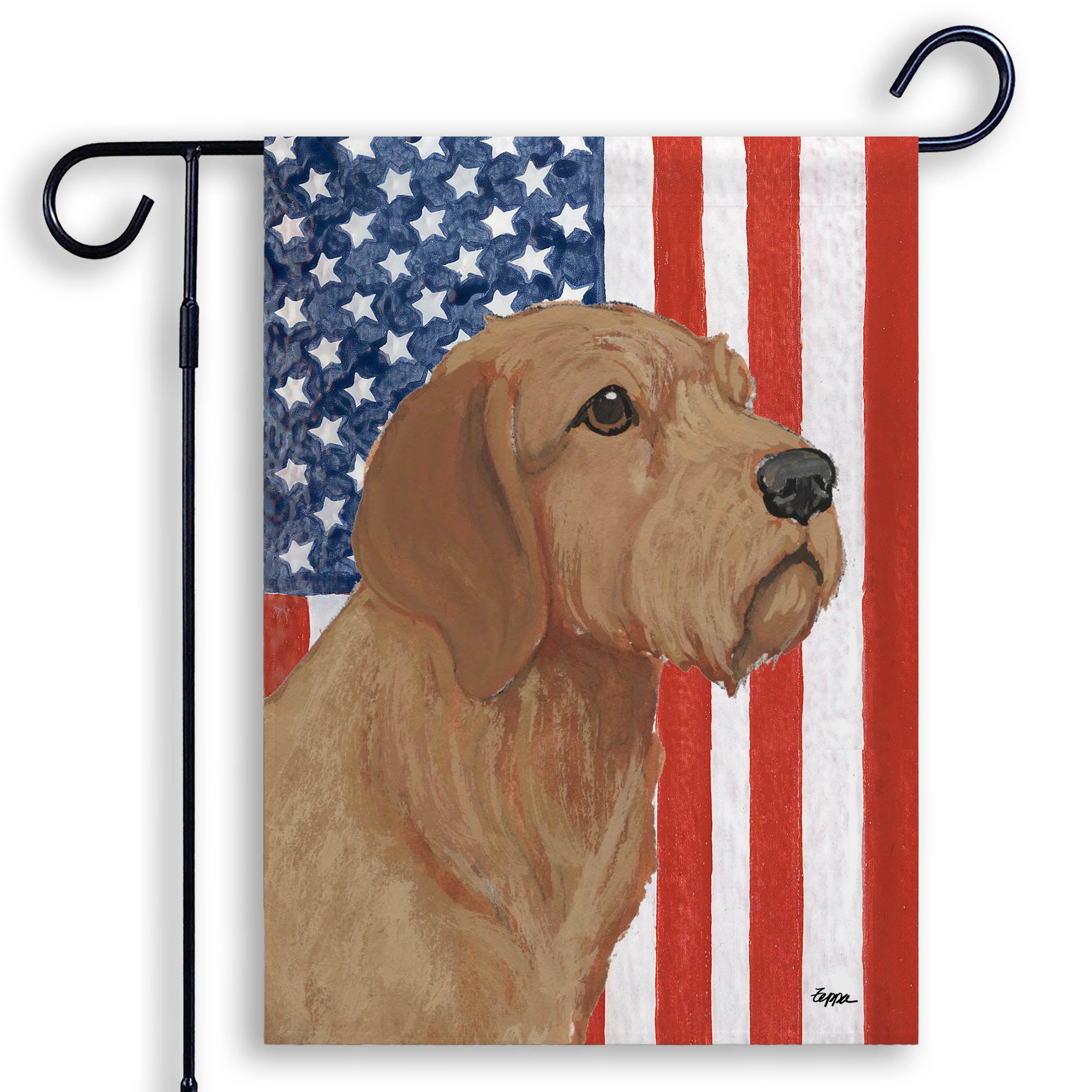 Patriotic garden flag with a Basset Fauve de Bretagne on an American flag background.