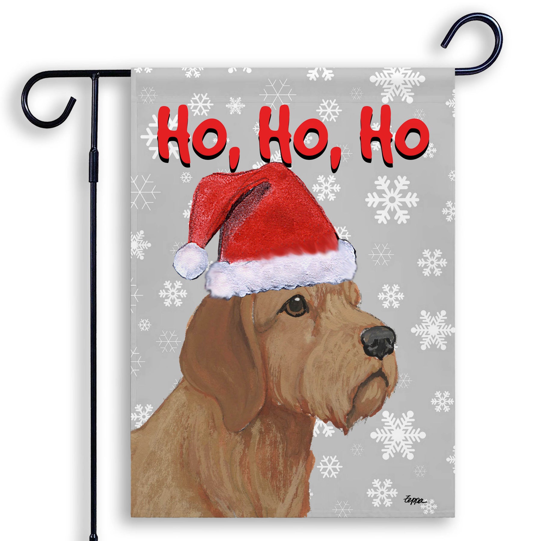 Holiday garden flag with a Basset Fauve de Bretagne in a Santa hat on a grey snowflake background

