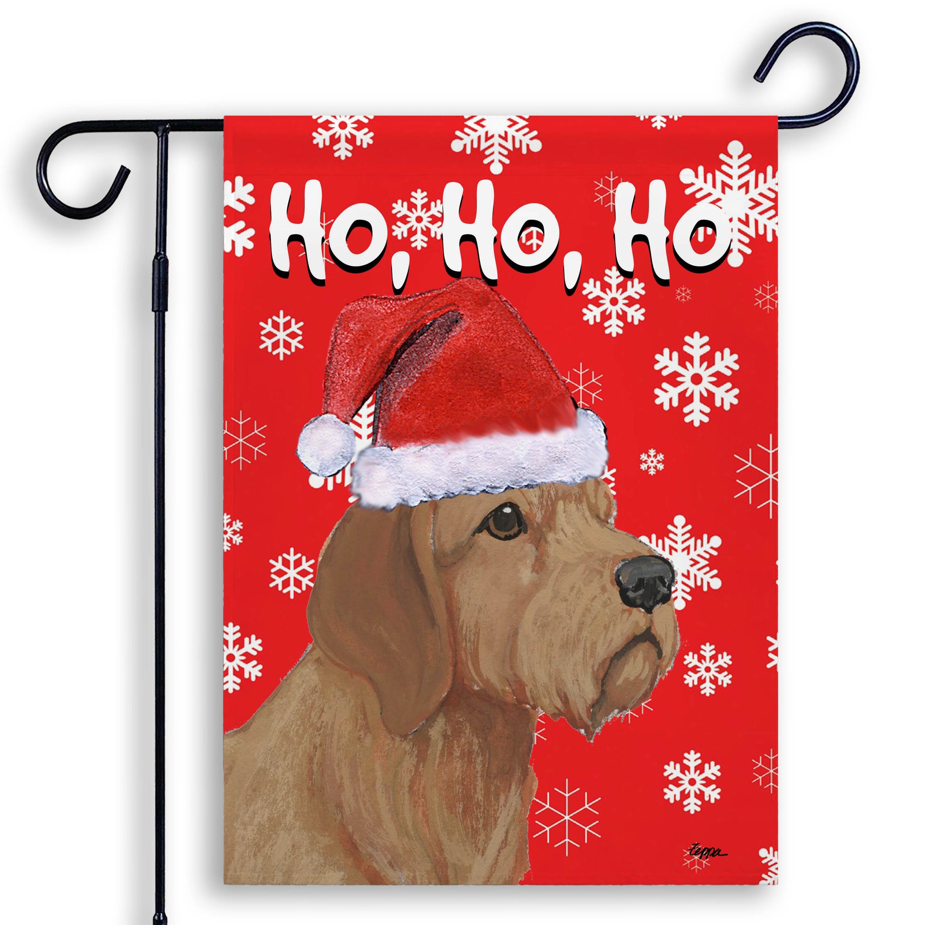 Holiday garden flag with a Basset Fauve de Bretagne in a Santa hat on a red snowflake background
