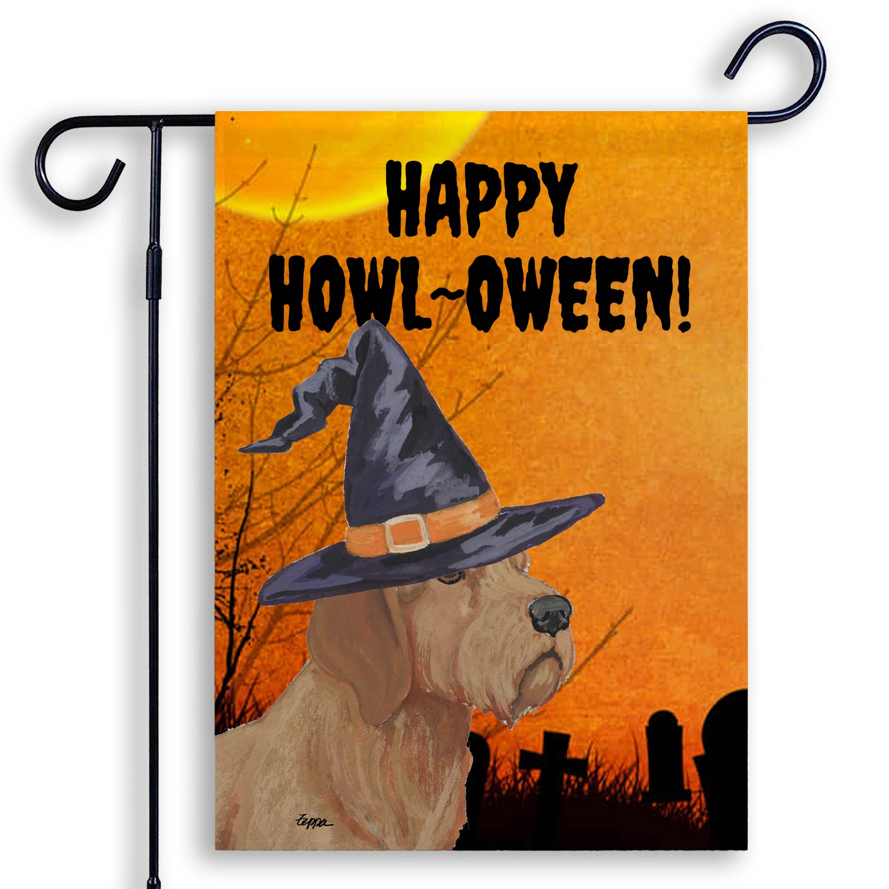 Halloween garden flag with a Basset Fauve de Bretagne in a witch's hat on a spooky background