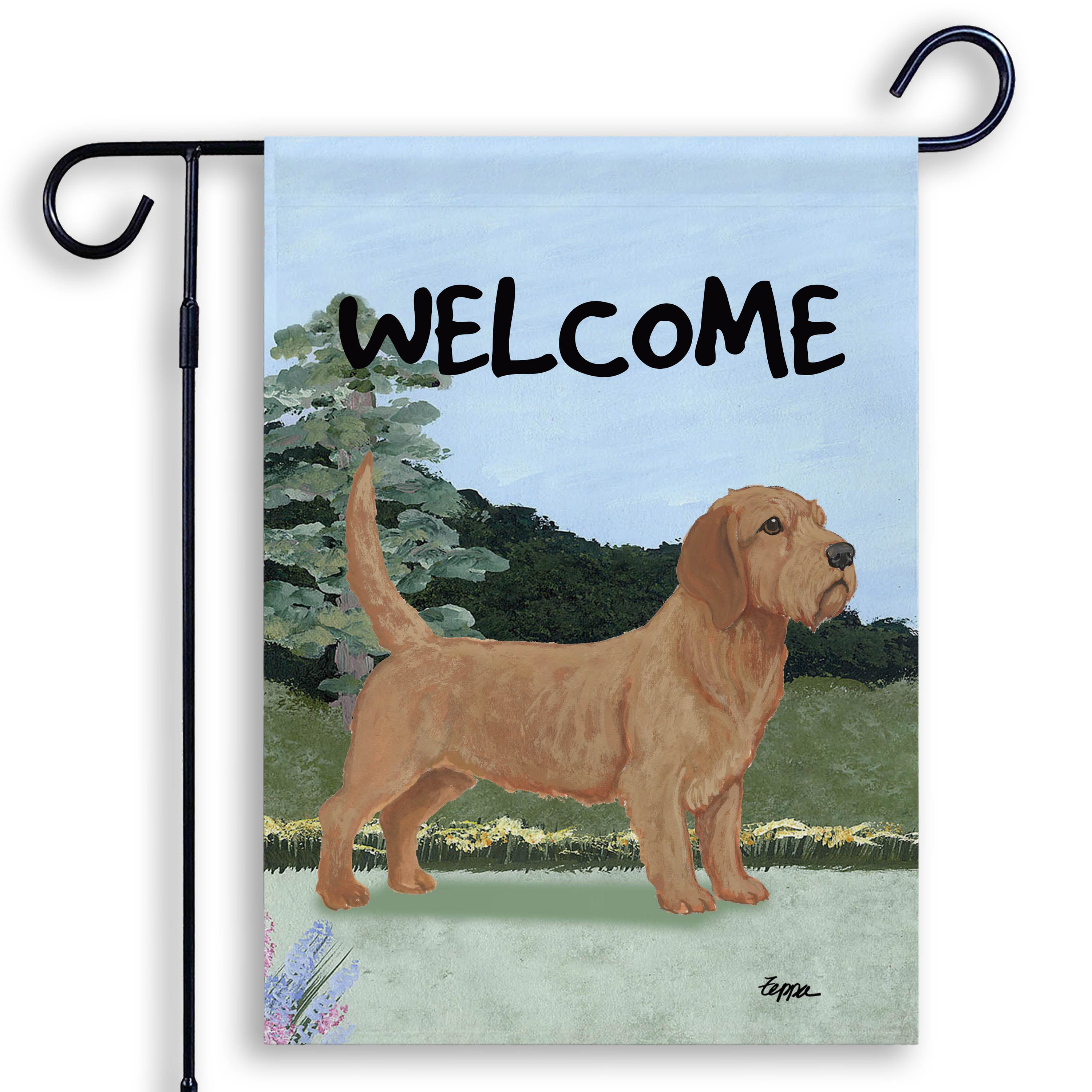 Welcome Garden Flag with a Basset Fauve de Bretagne on a yard background