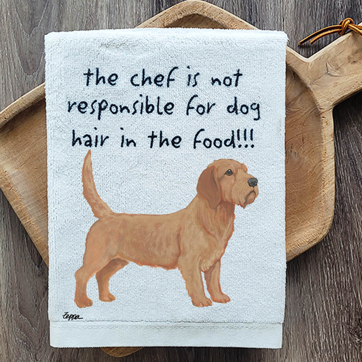 Poly cotton kitchen towel with a Basset Fauve de Bretagne design.
