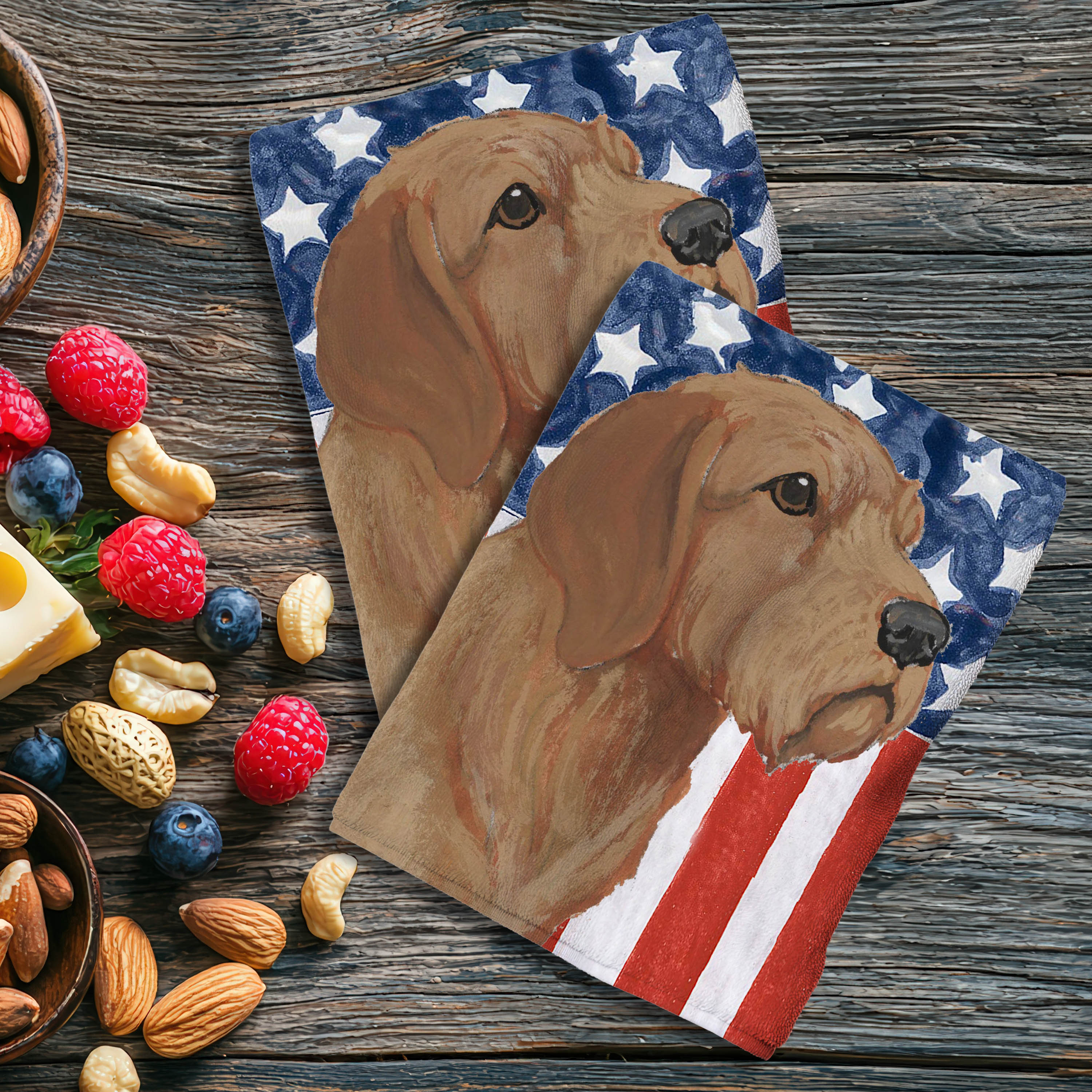 Patriotic kitchen towels with a Basset Fauve de Bretagne on an American flag background.