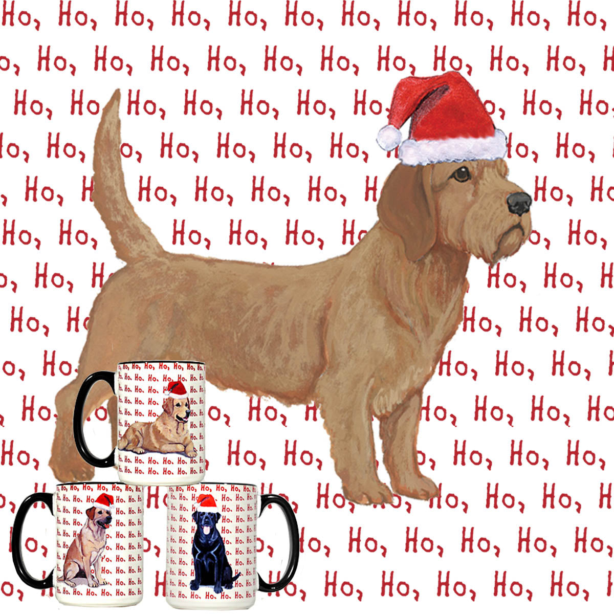 Holiday wrap mug with a Basset Fauve de Bretagne in a Santa hat on a ho ho ho background