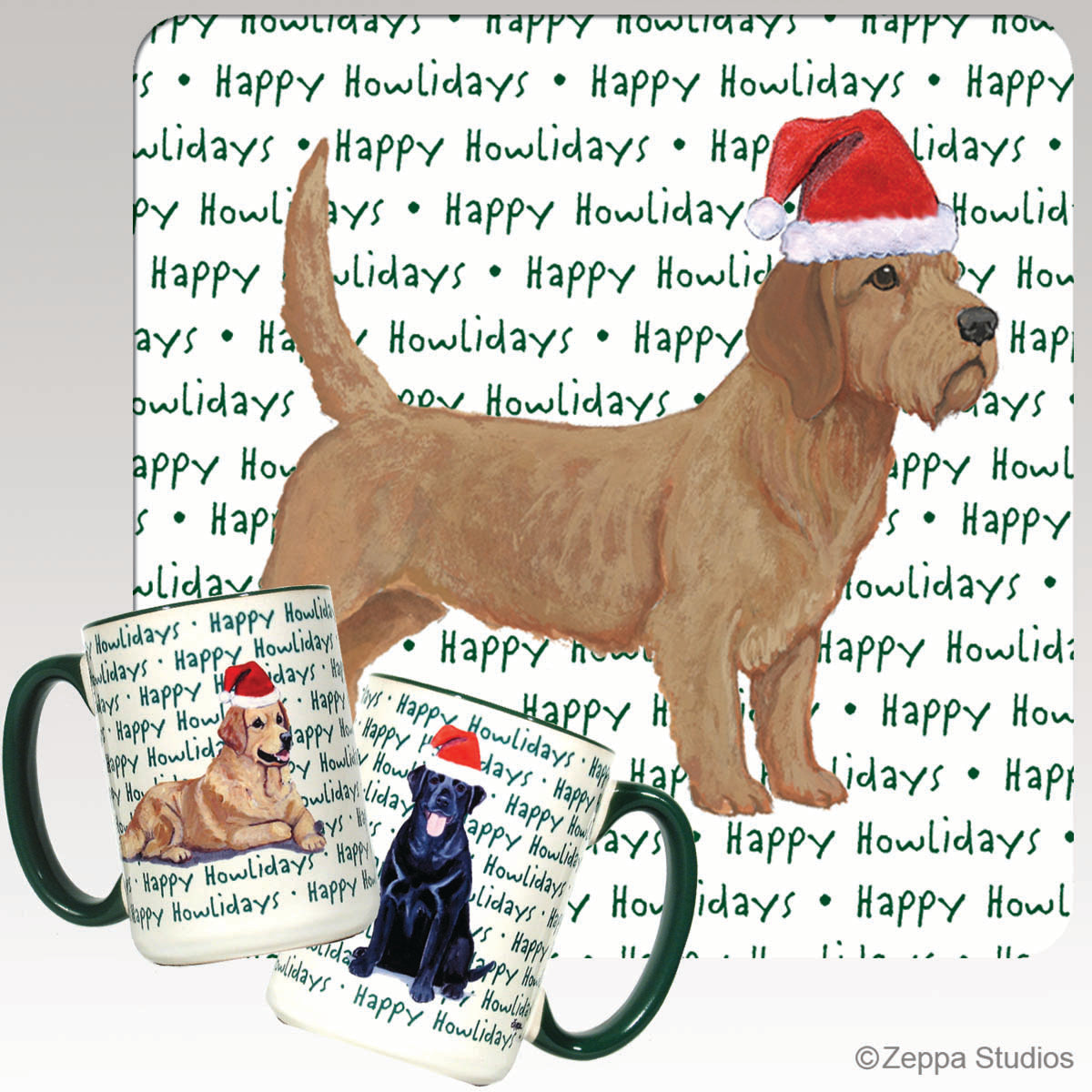 Holiday wrap mug with a Basset Fauve de Bretagne in a Santa hat on a happy howlidays background
