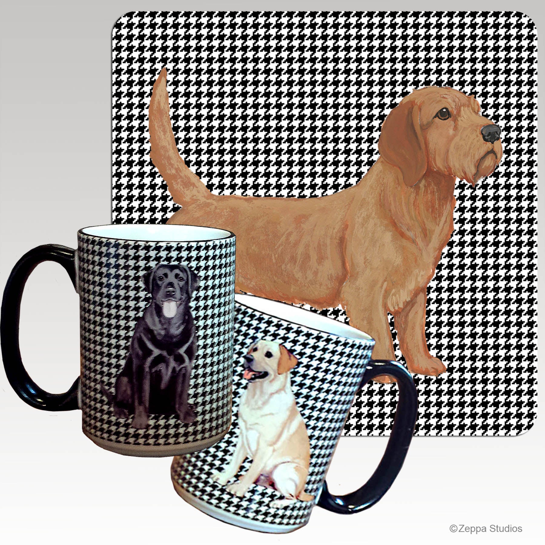 Houndstooth background wrap mug with a Basset Fauve de Bretagne design.
