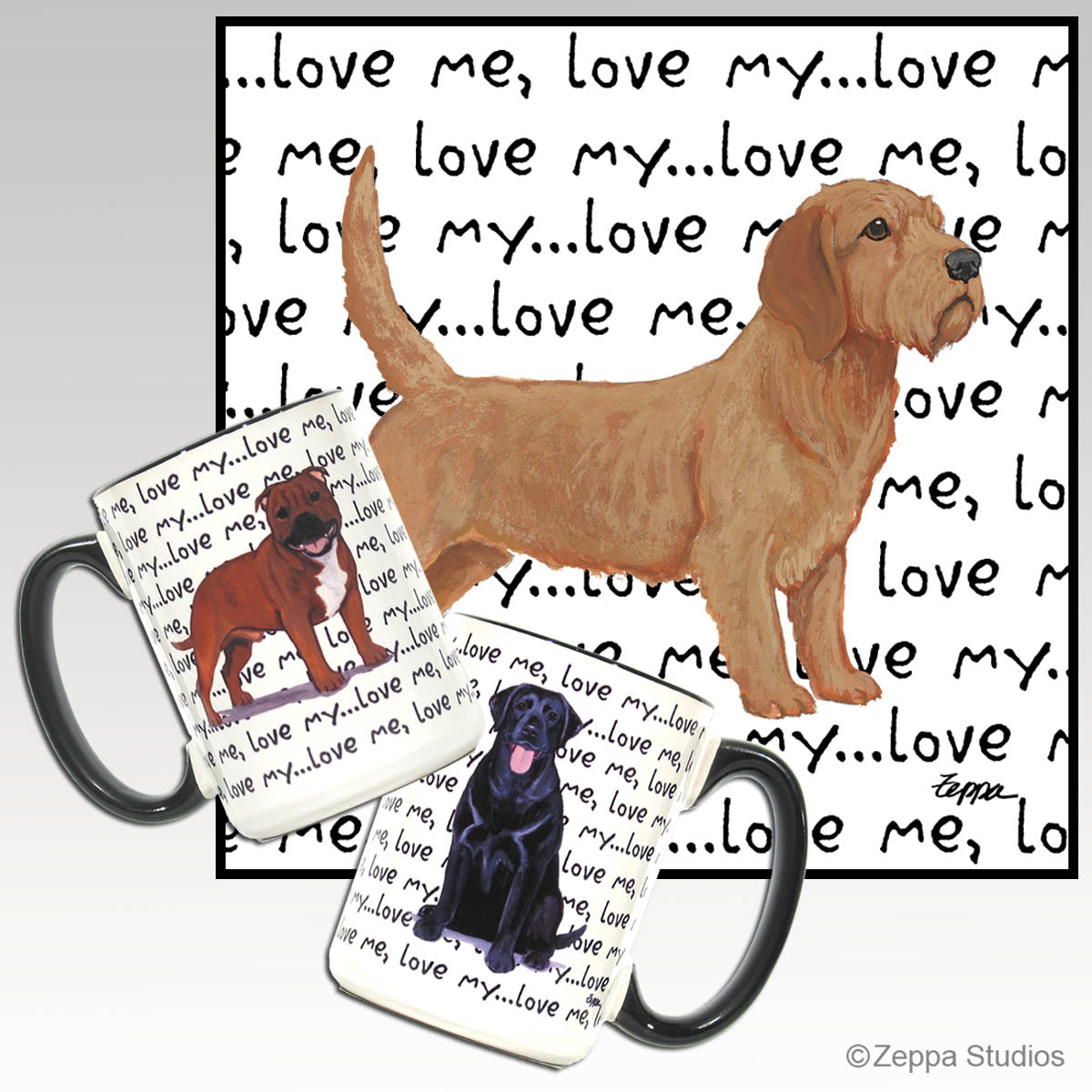 Love me, love my... background wrap mug with a Basset Fauve de Bretagne design.