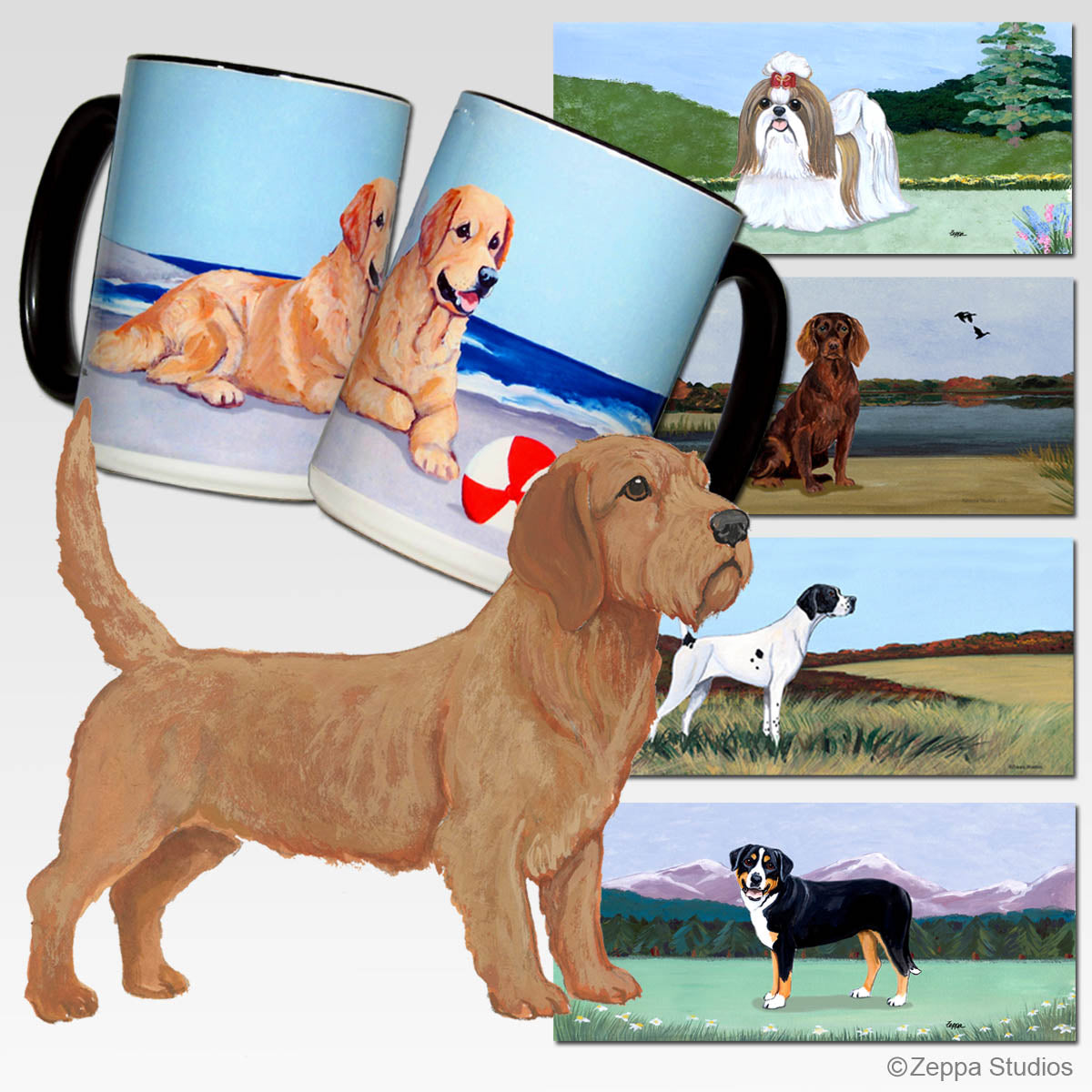 Ceramic wrap mug with a Basset Fauve de Bretagne on your choice of 5 scenic backgrounds