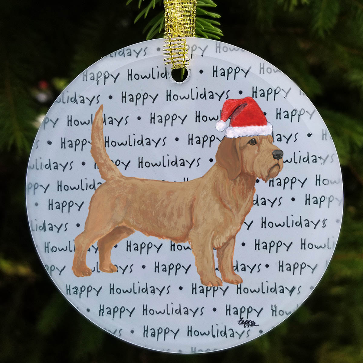 Christmas ornament with a Basset Fauve de Bretagne in a Santa hat on a happy howlidays background
