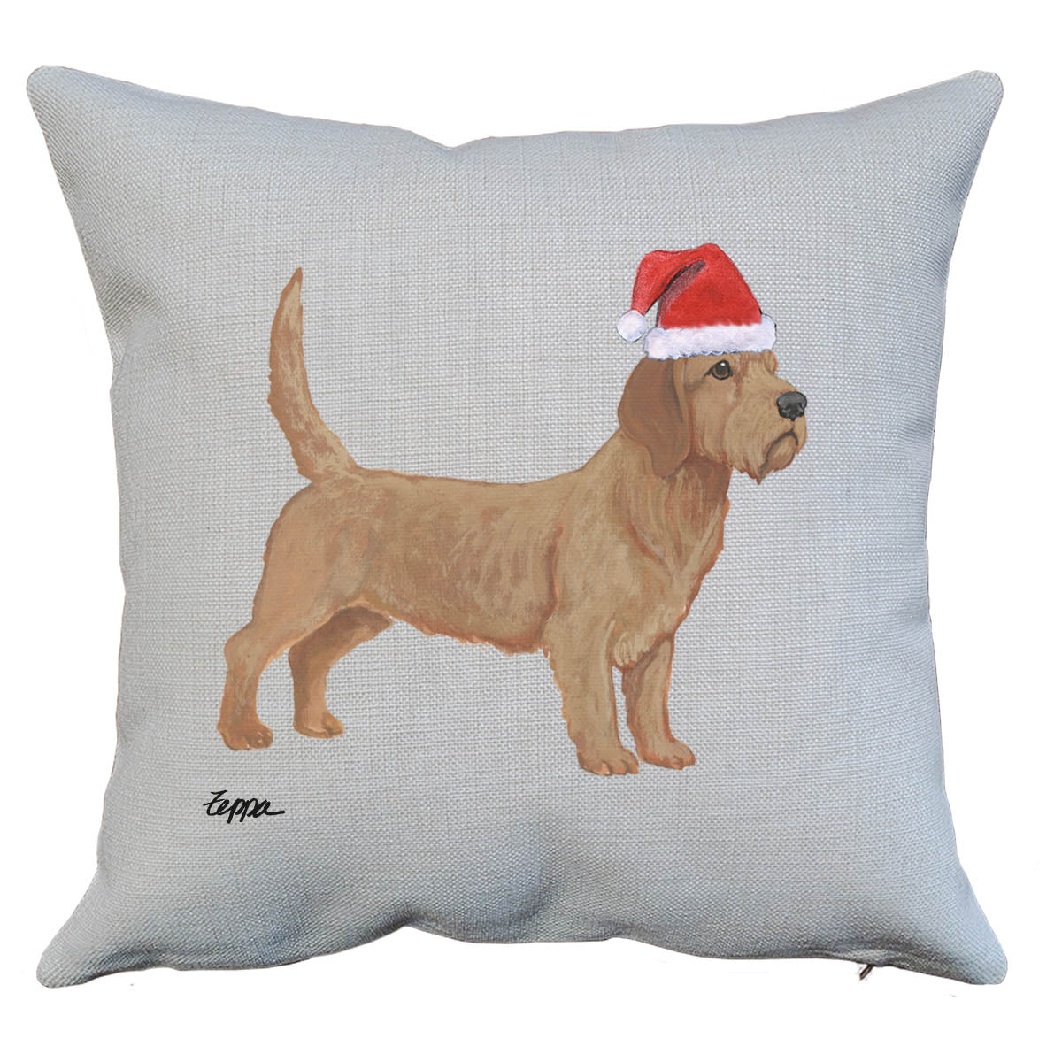 Holiday throw pillow with a Basset Fauve de Bretagne in a Santa hat
