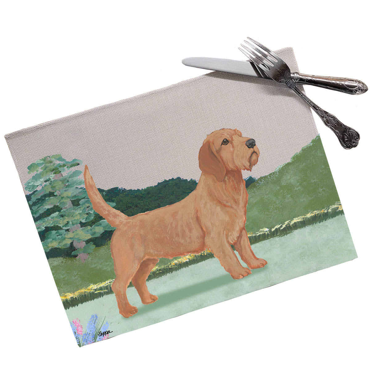 Scenic placemats with a Basset Fauve de Bretagne on a yardscape background
