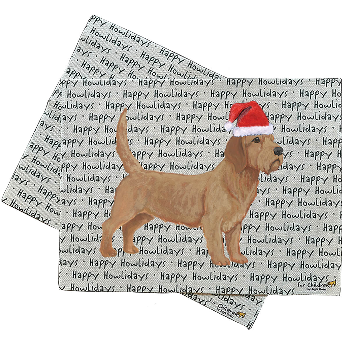 Holiday placemats with a Basset Fauve de Bretagne in a Santa hat on a happy howlidays background