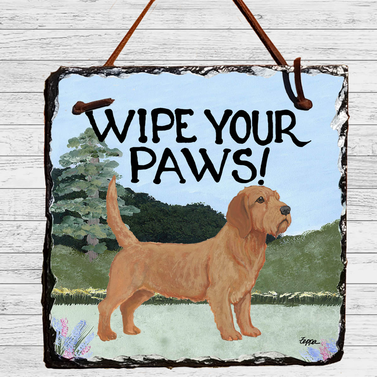 Wipe Your Paws slate sign with a Basset Fauve de Bretagne on a yard scene background

