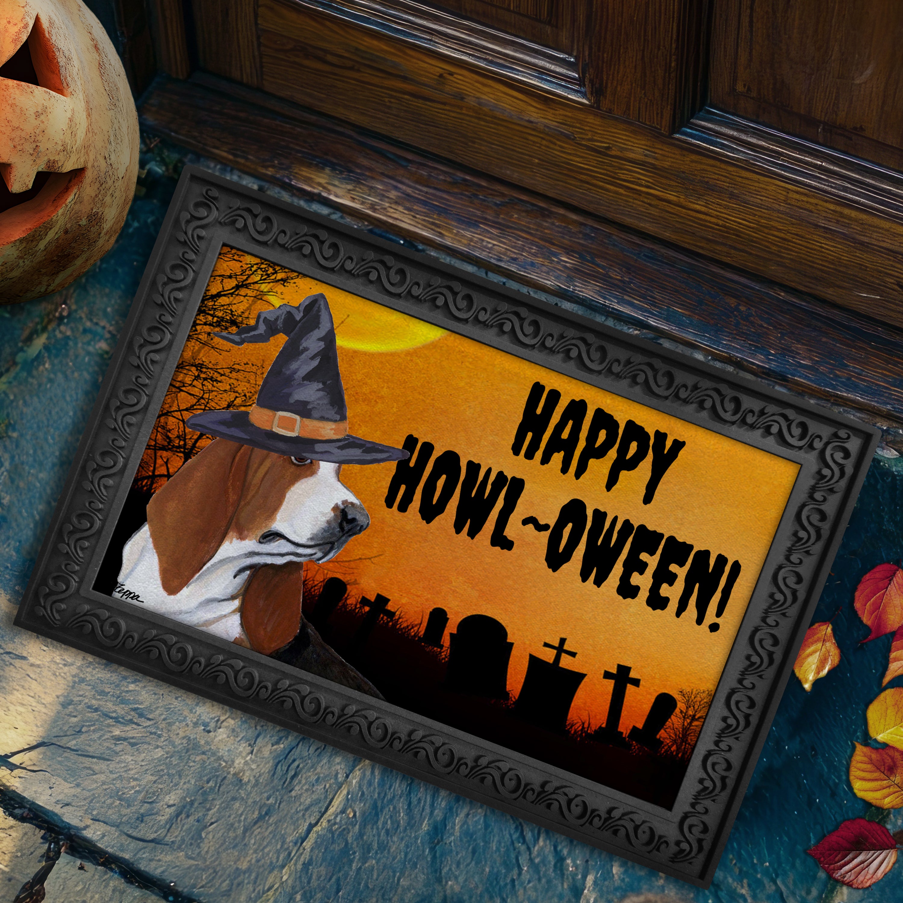 Halloween-themed doormat with a Basset Hound wearing a witch hat and 'Happy Howl-Oween!' text on a doorstep.