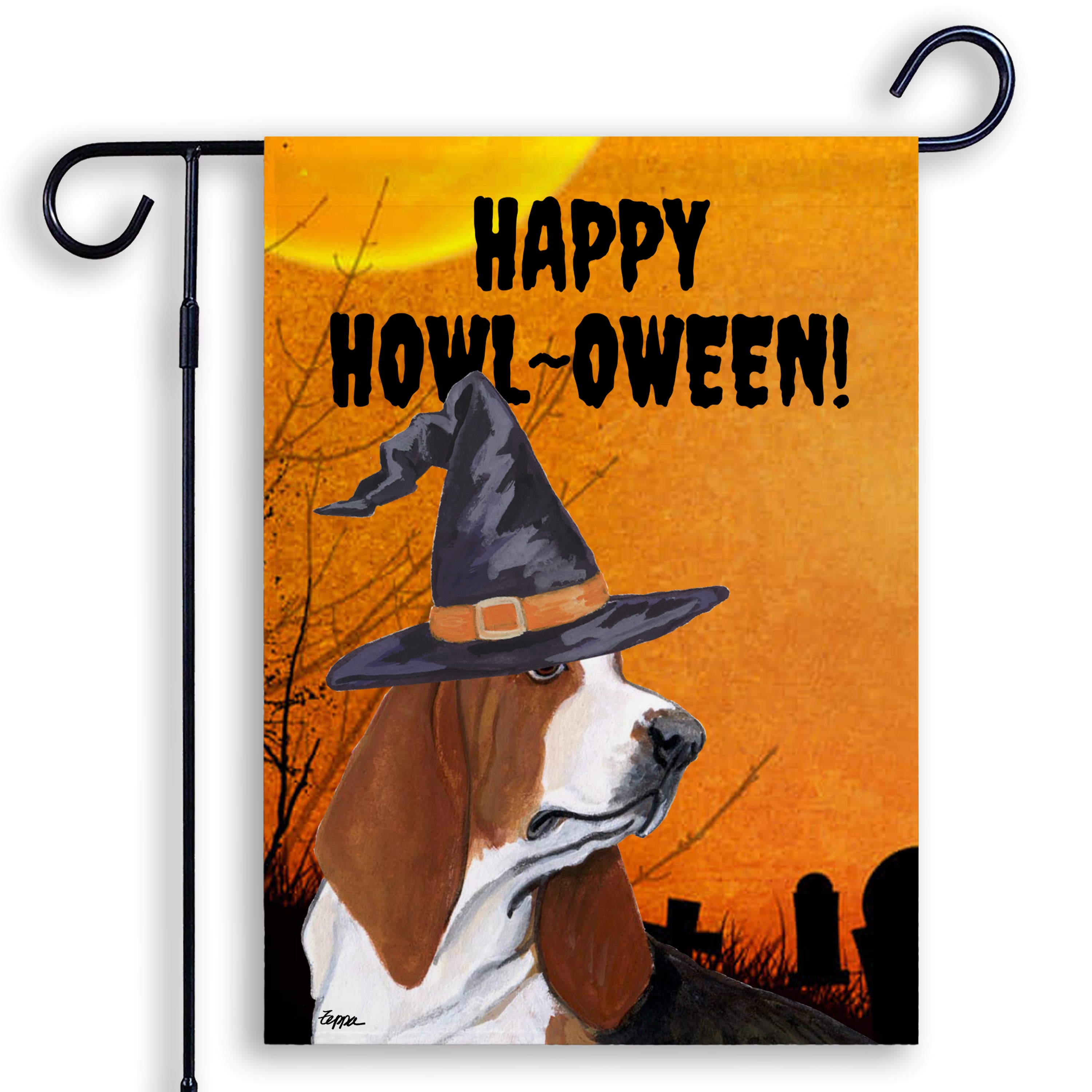 Halloween-themed garden flag with a Basset Hound wearing a witch hat and 'Happy Howl-Oween!' text on an orange background.