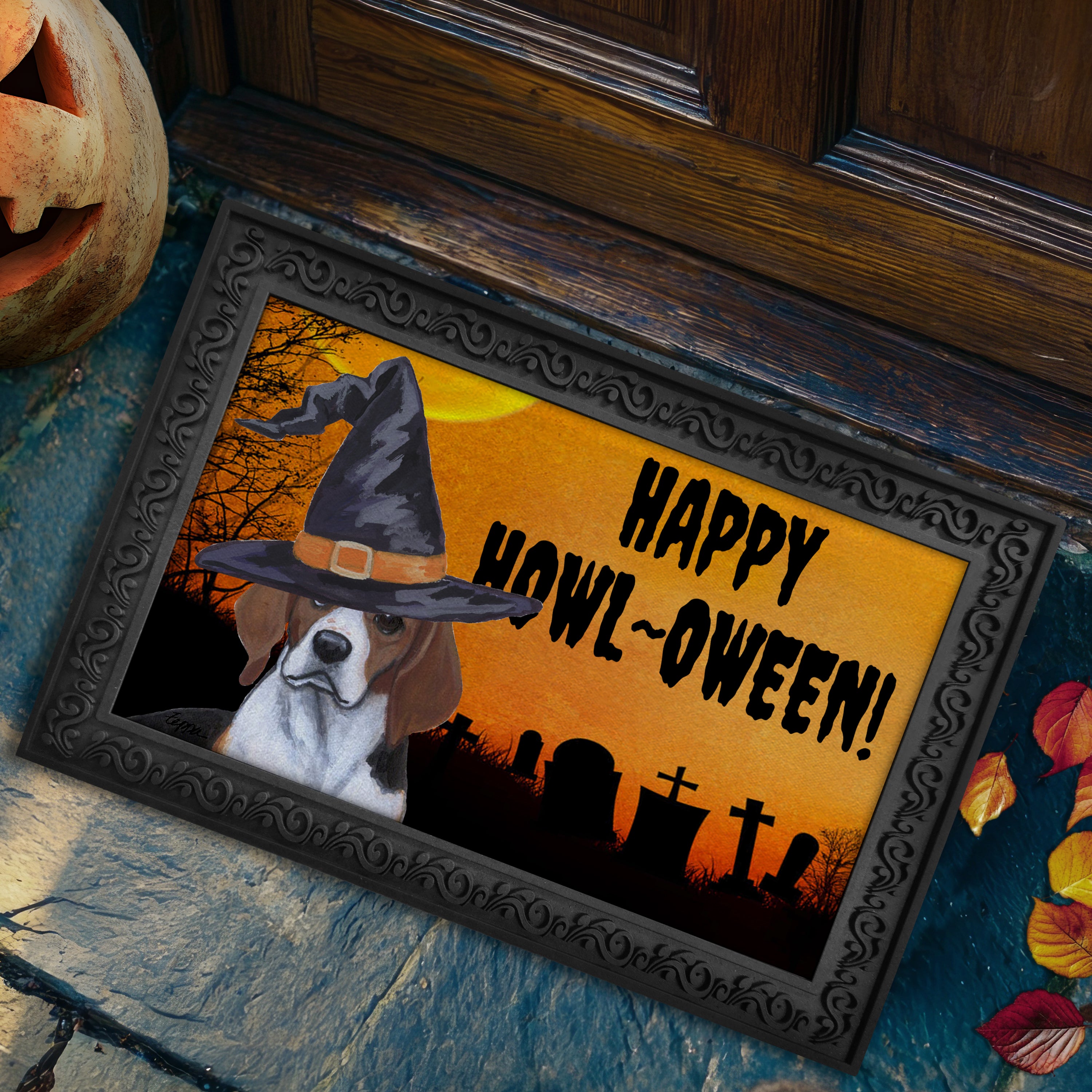 Halloween-themed doormat with a Beagle wearing a witch hat and 'Happy Howl-Oween!' text on a doorstep.