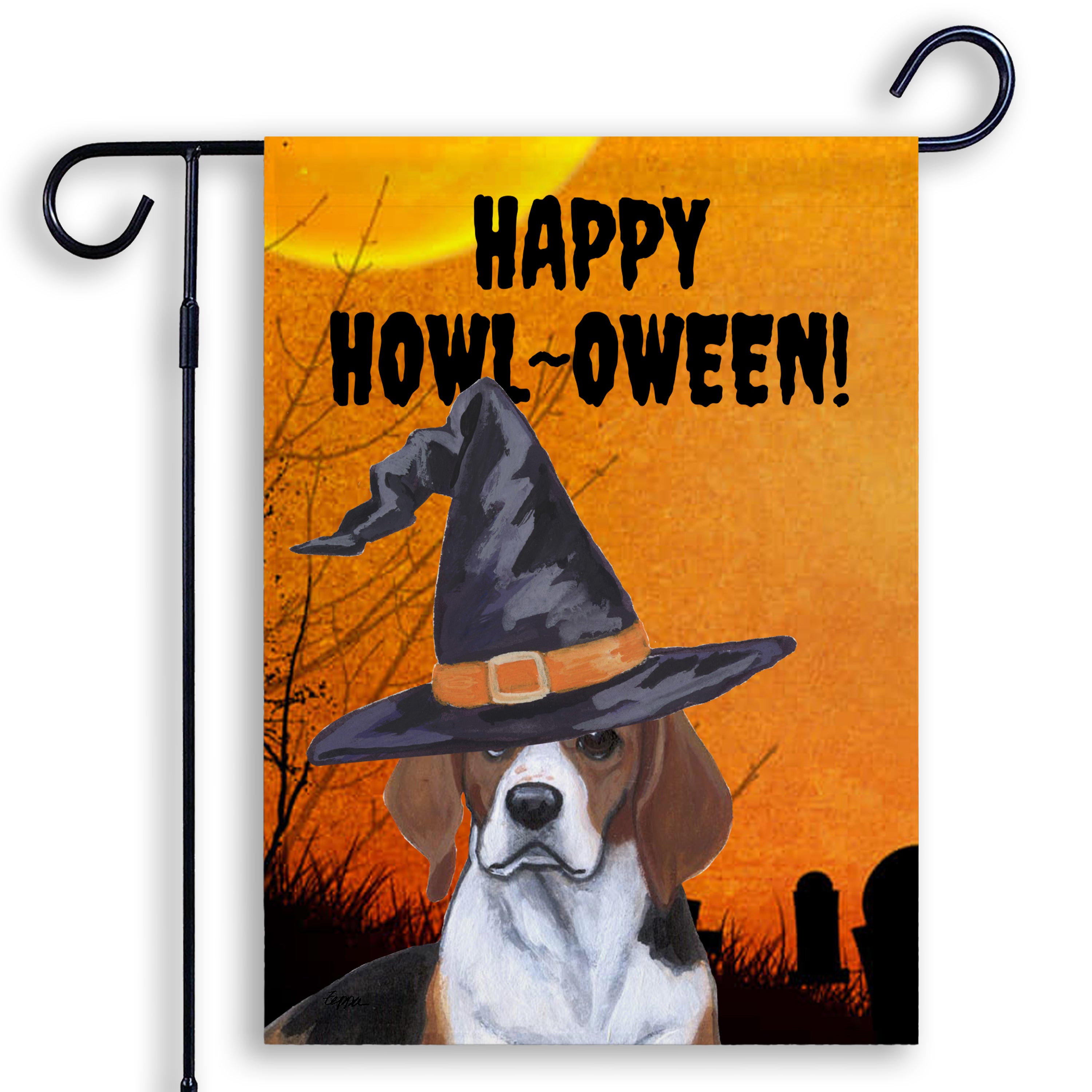 Halloween-themed garden flag with a Beagle wearing a witch hat and 'Happy Howl-Oween!' text on an orange background.
