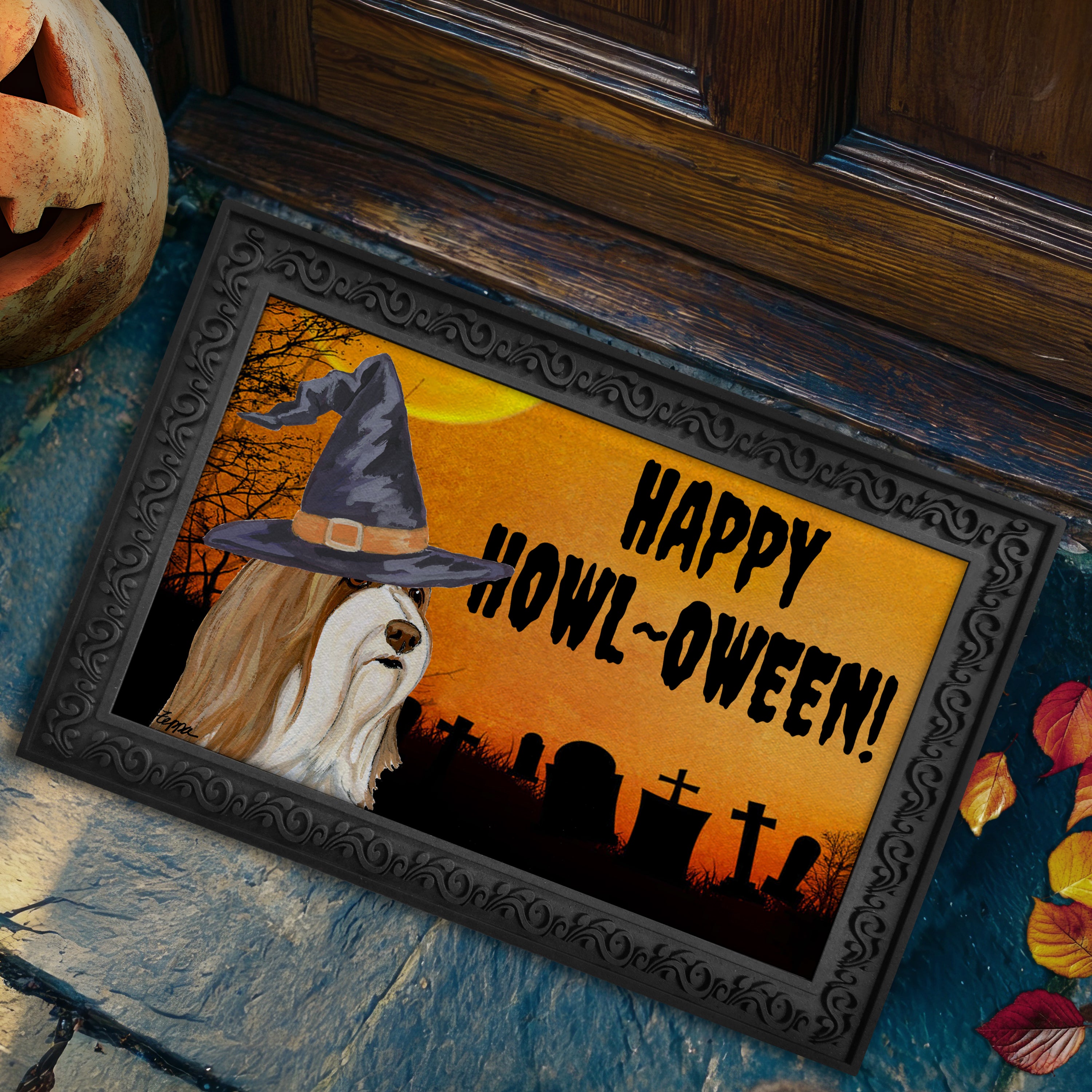 Halloween-themed doormat with a Bearded Collie wearing a witch hat and 'Happy Howl-Oween!' text on a doorstep.
