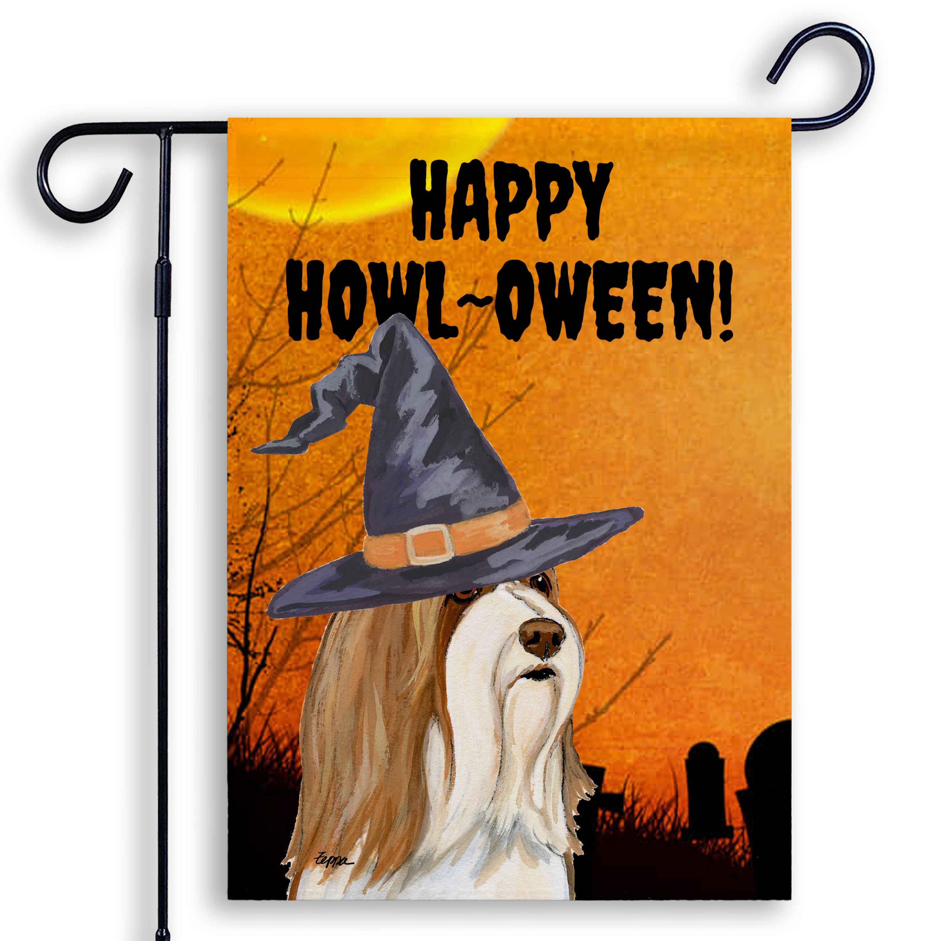 Halloween-themed garden flag with a Bearded Collie wearing a witch hat and 'Happy Howl-Oween!' text on an orange background.